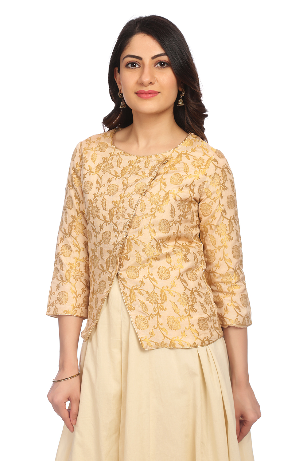 Beige Front Open Poly Cotton Indie Top image number 3