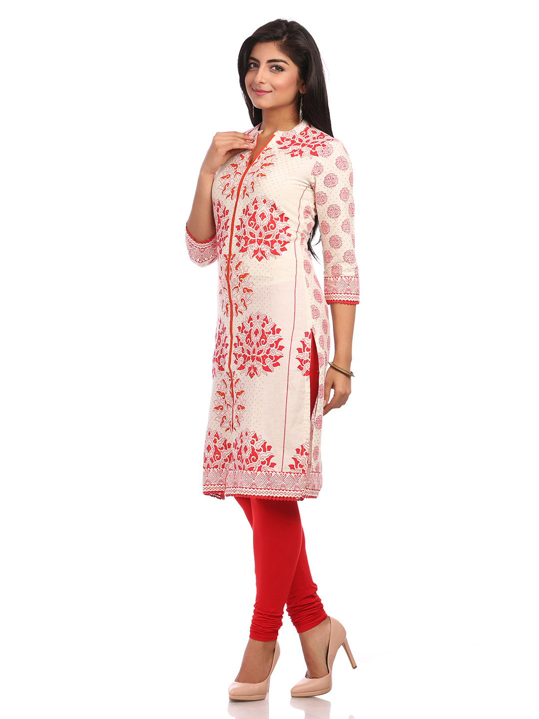Beige Straight Cotton Kurta image number 3