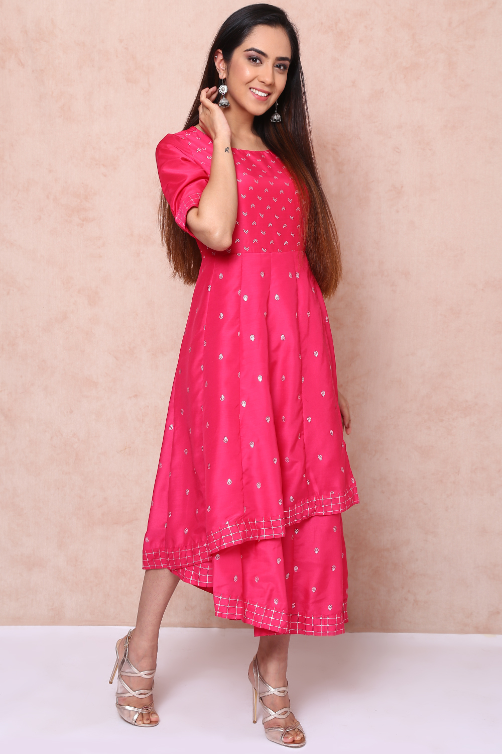 Fuschia Art Silk Kalidar Asymmetric Dress image number 2