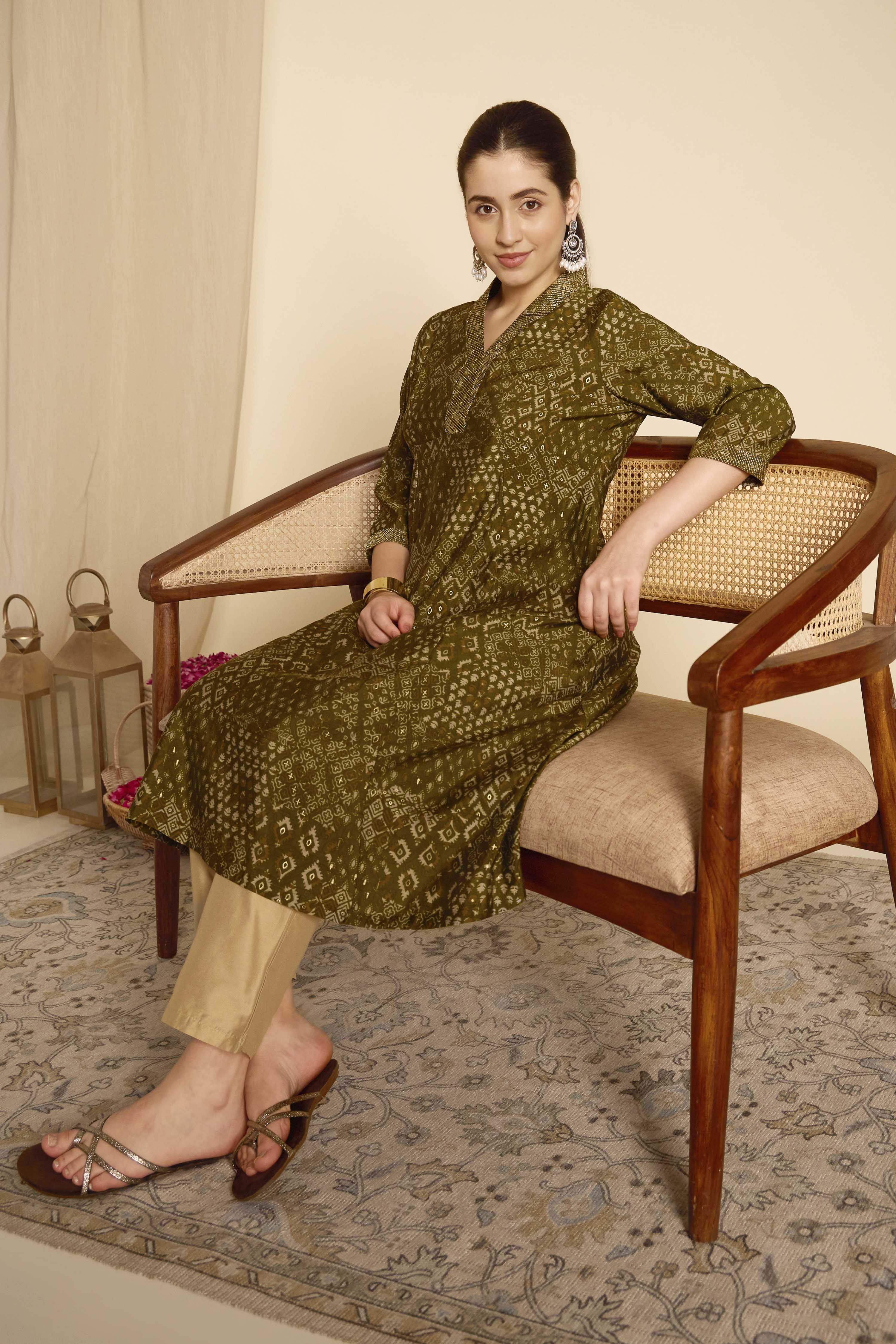 Green Viscose Blend A-Line Printed Kurta image number 0