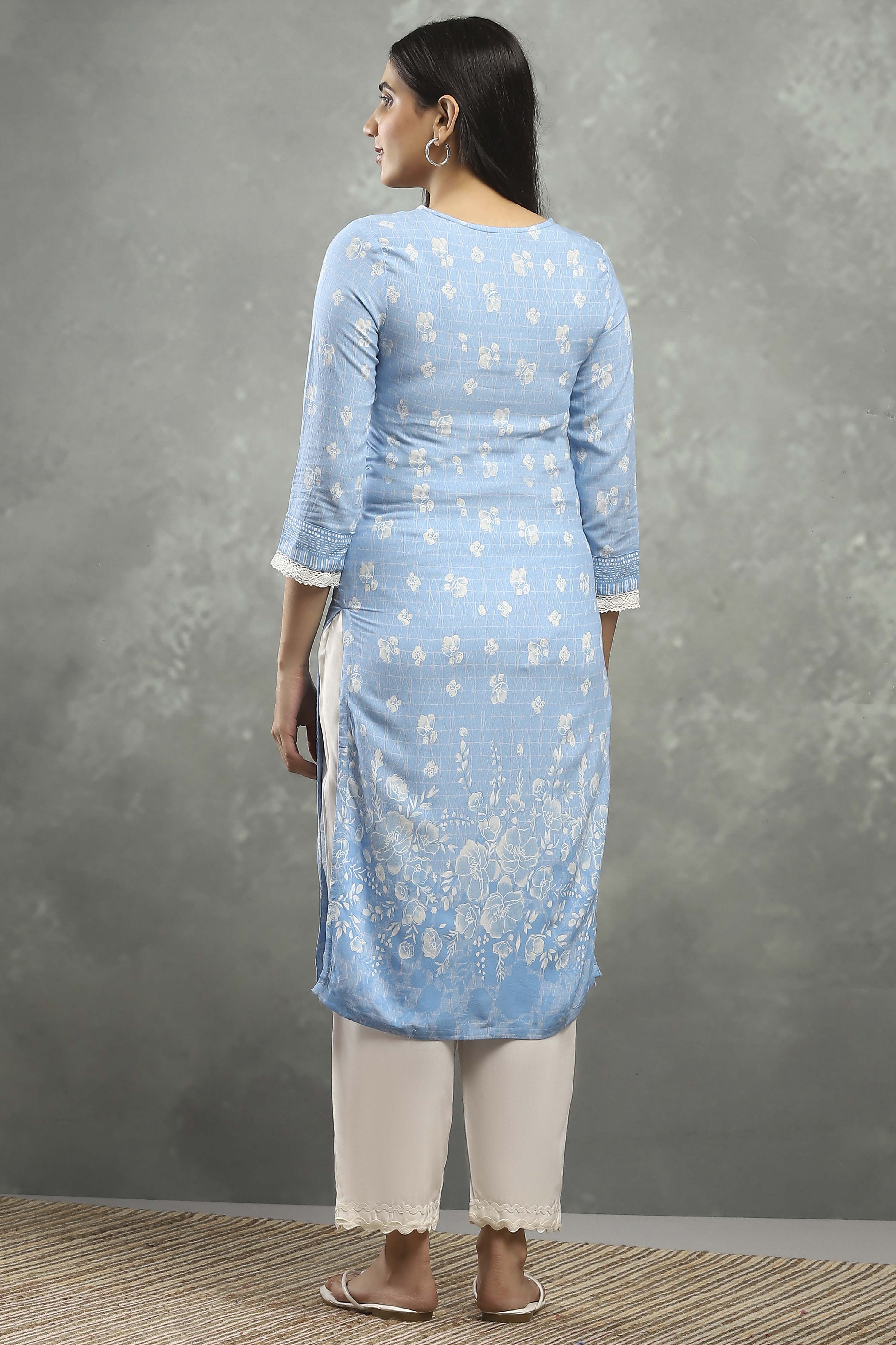 Blue Viscose Straight Kurta Pants Set image number 4