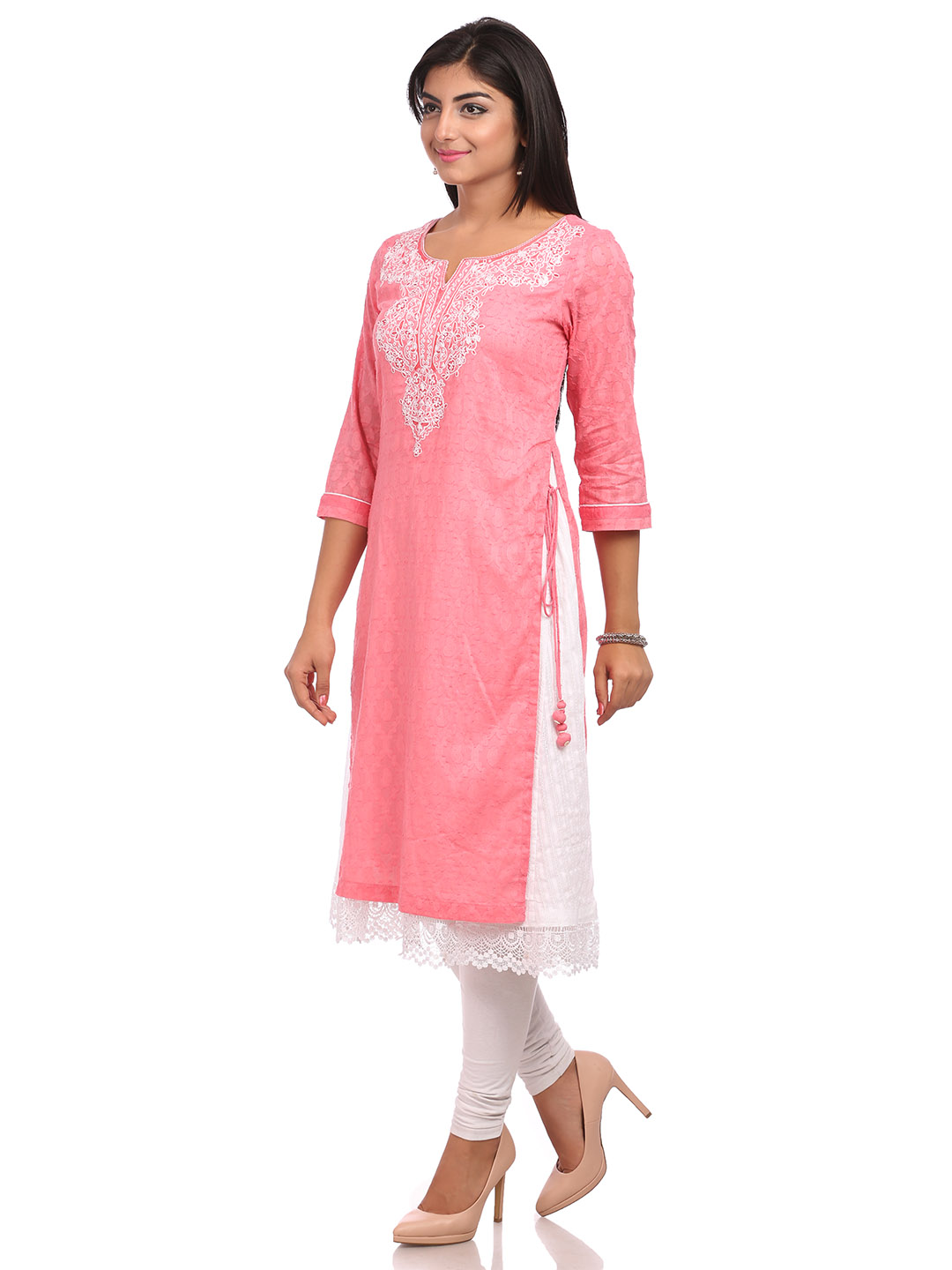 Pink Asymmetric Cotton Kurta image number 3