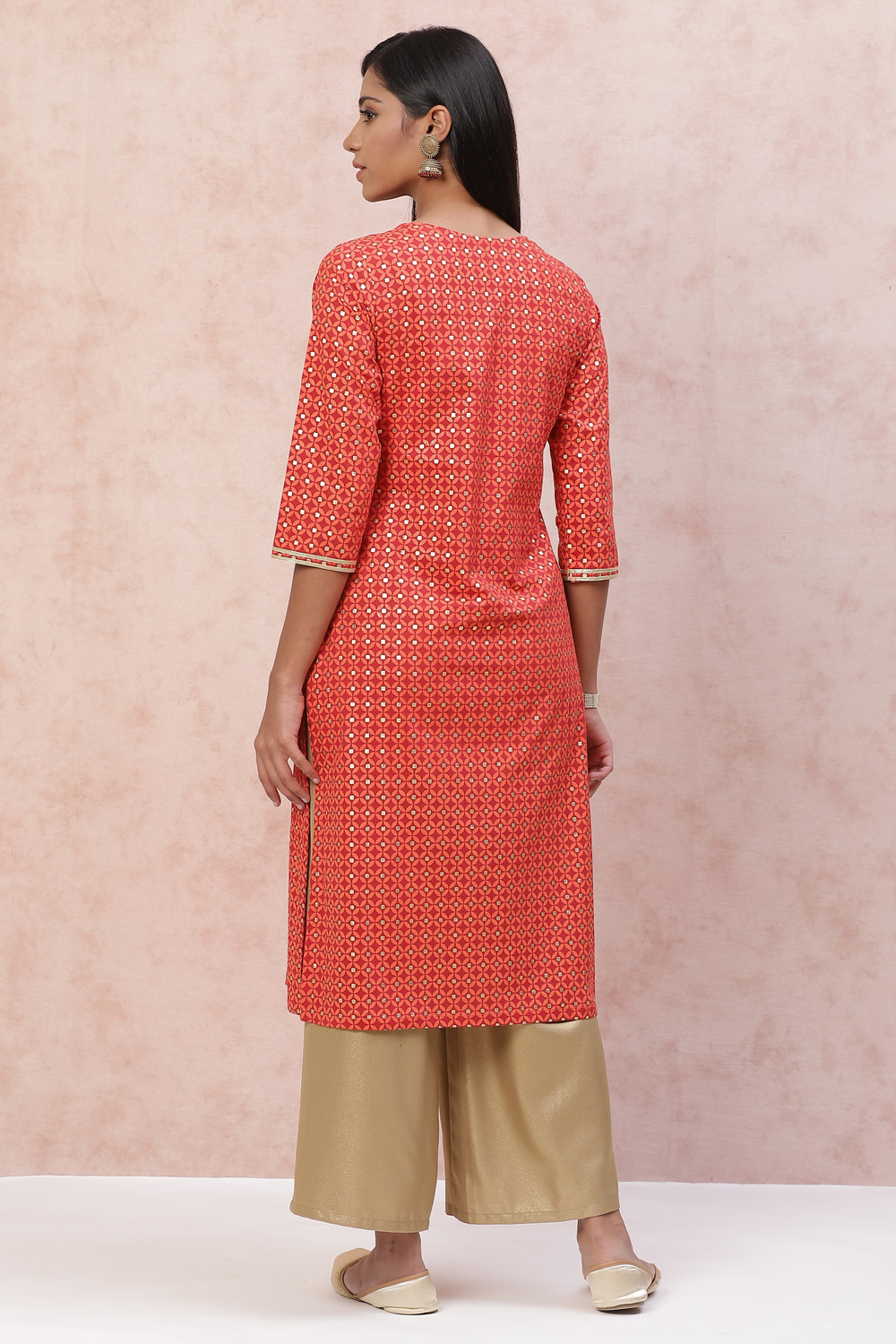 Red Cambric Cotton Straight Kurta image number 4