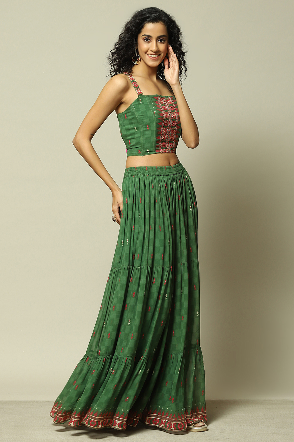 Green Polyester Straight Printed Kurta Skirt Suit Set image number 7