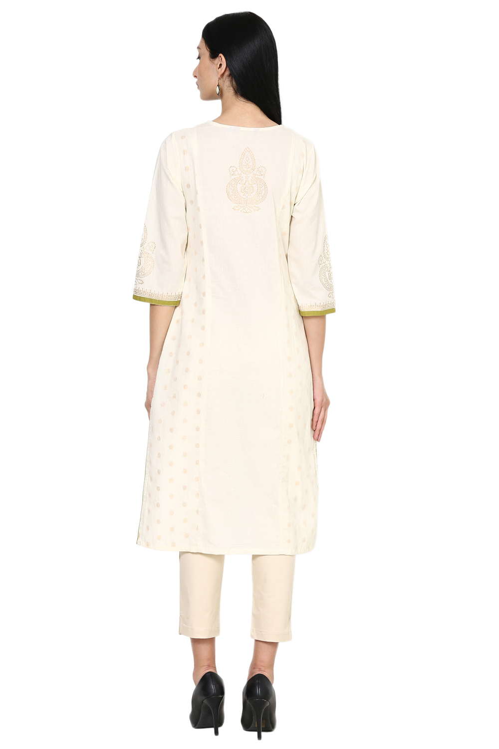 Off White Straight Cotton Kurta image number 4