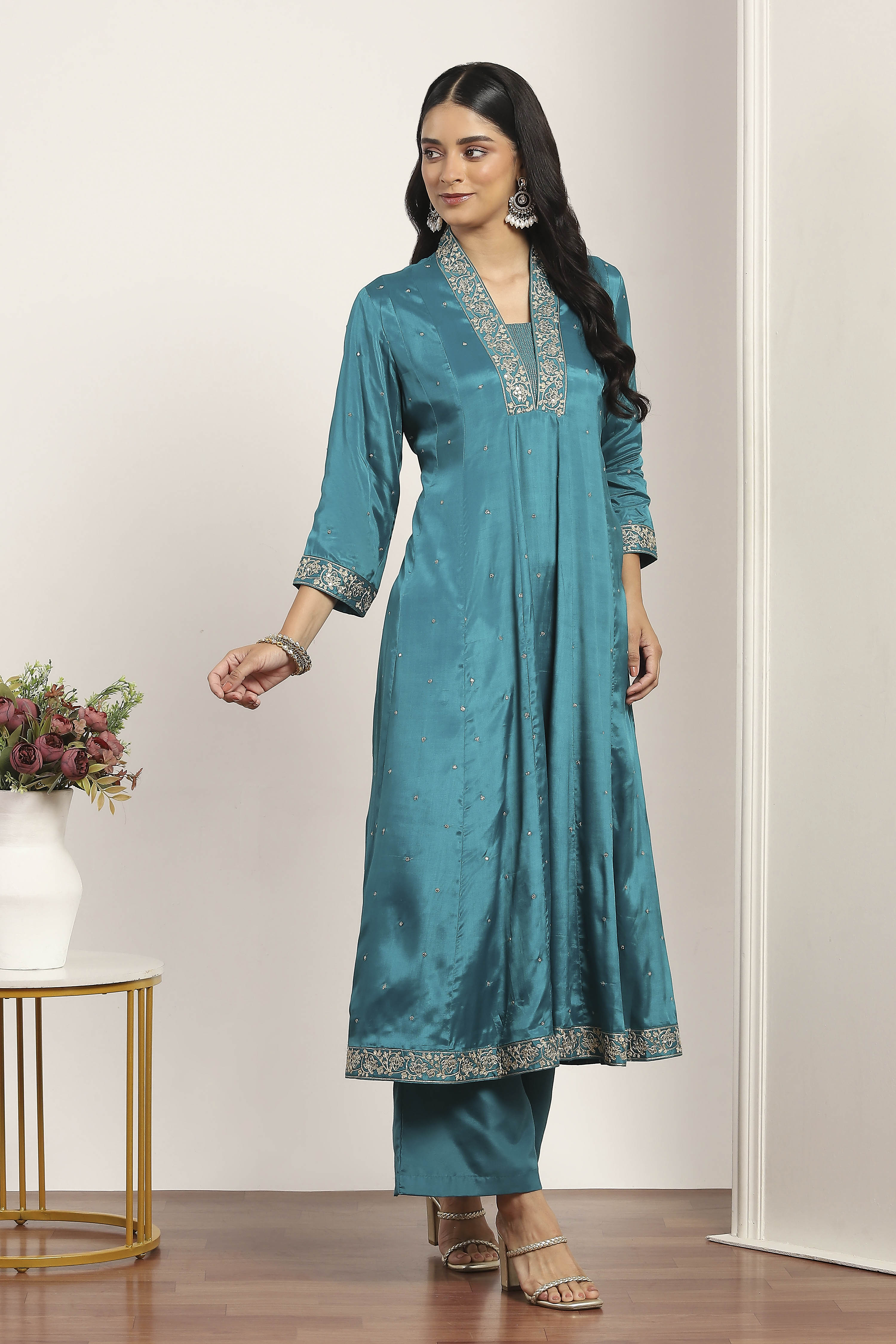 Teal Viscose Rayon Kalidar Suit Set image number 5