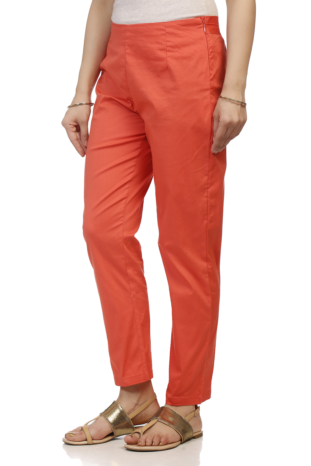 Peach Poly Lycra Slim Pants image number 1