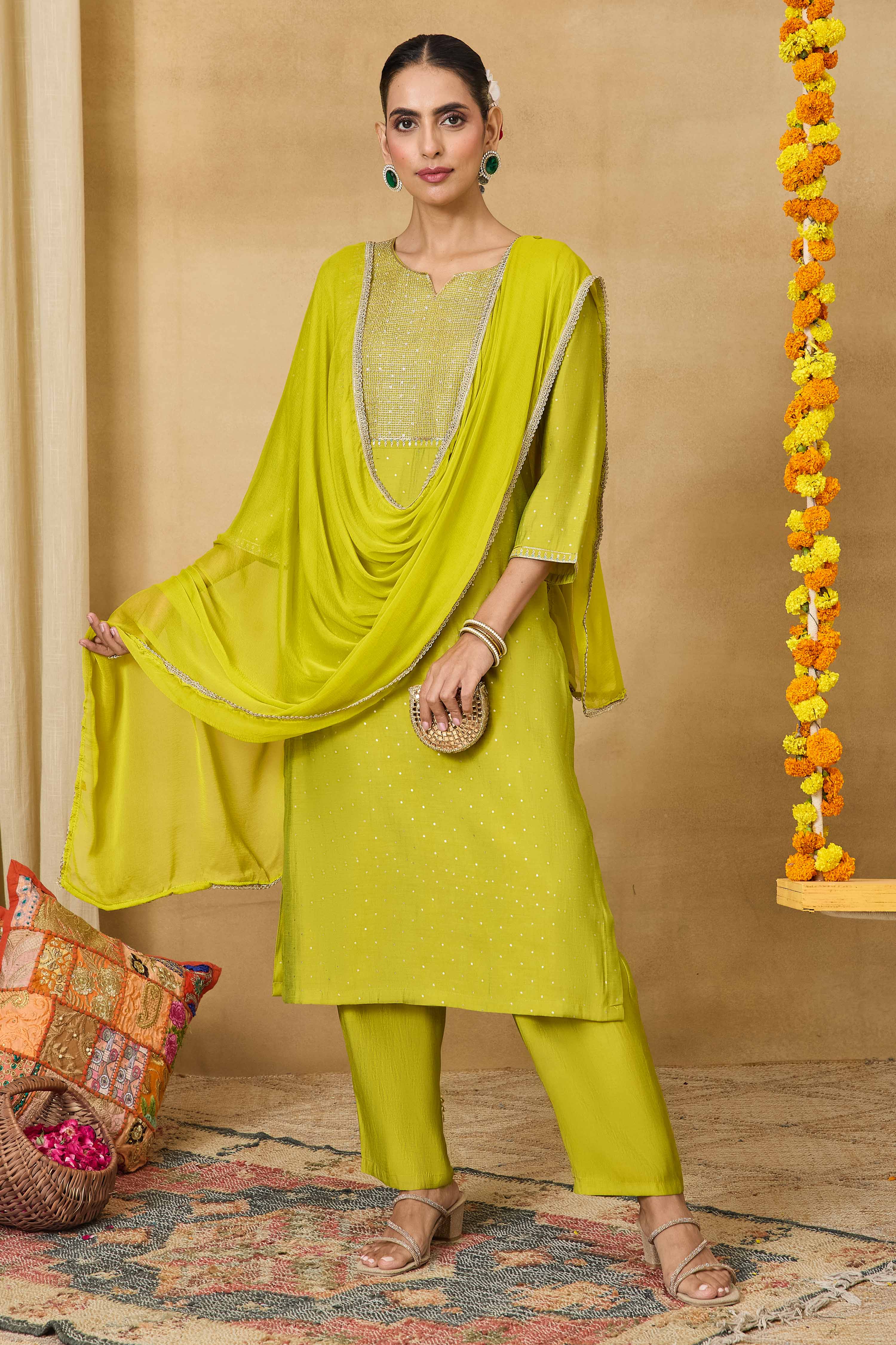 Lime Viscose Blend Straight Printed Suit Set image number 7
