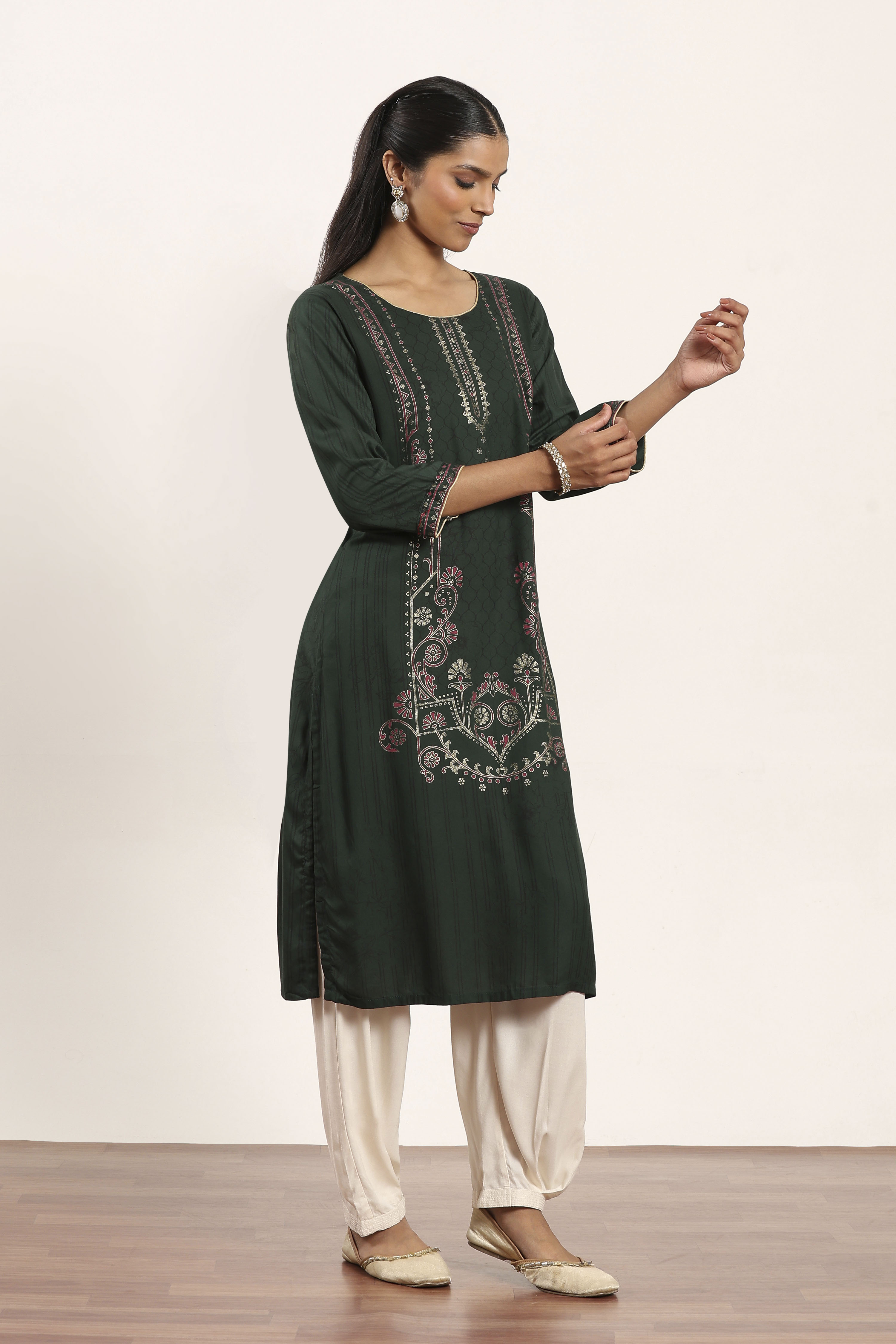 Olive Green Viscose Rayon Flared Kurta Pants Set image number 5