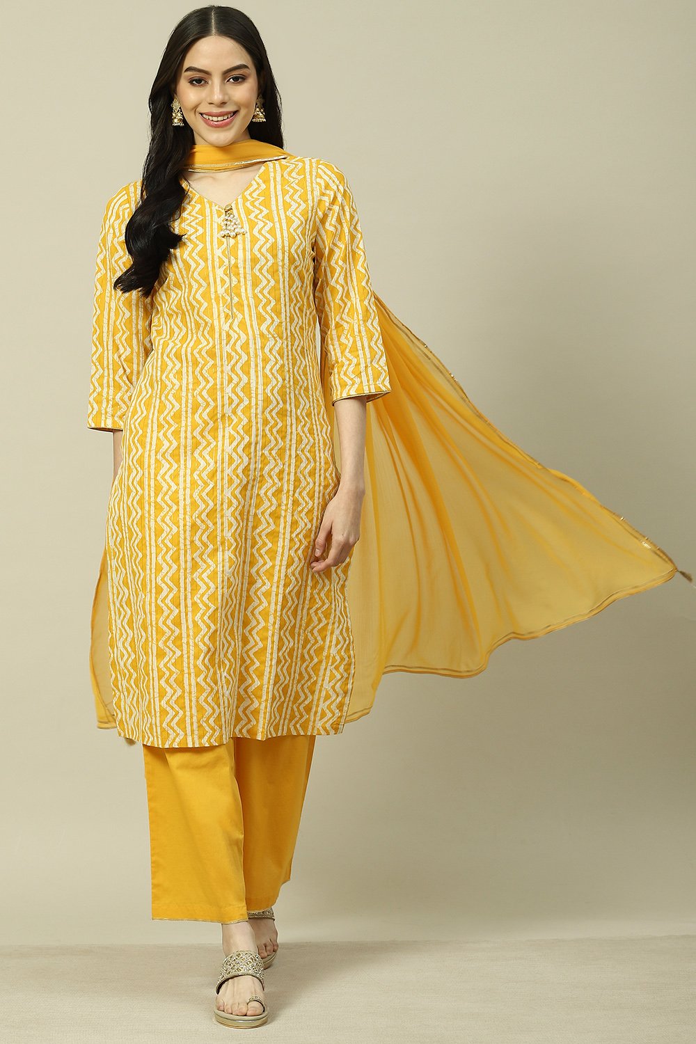 Buy Yellow Cotton Blend Woven Straight Kurta Suit Set 3N by Rangriti