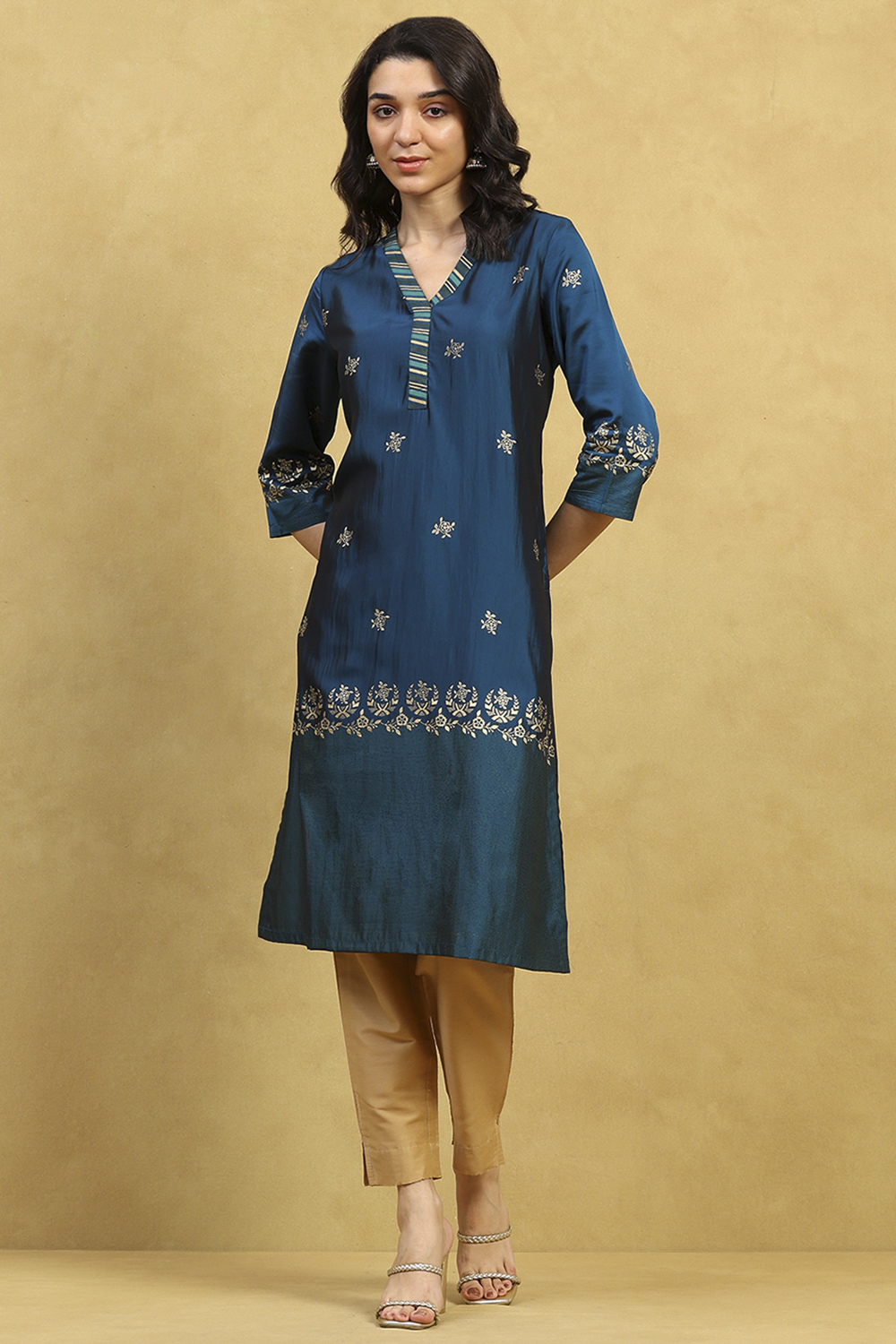 Blue Art Silk Printed Straight Kurta image number 5