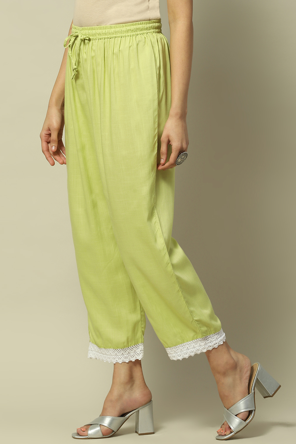 Lime Green Rayon Slub Straight Palazzo image number 2