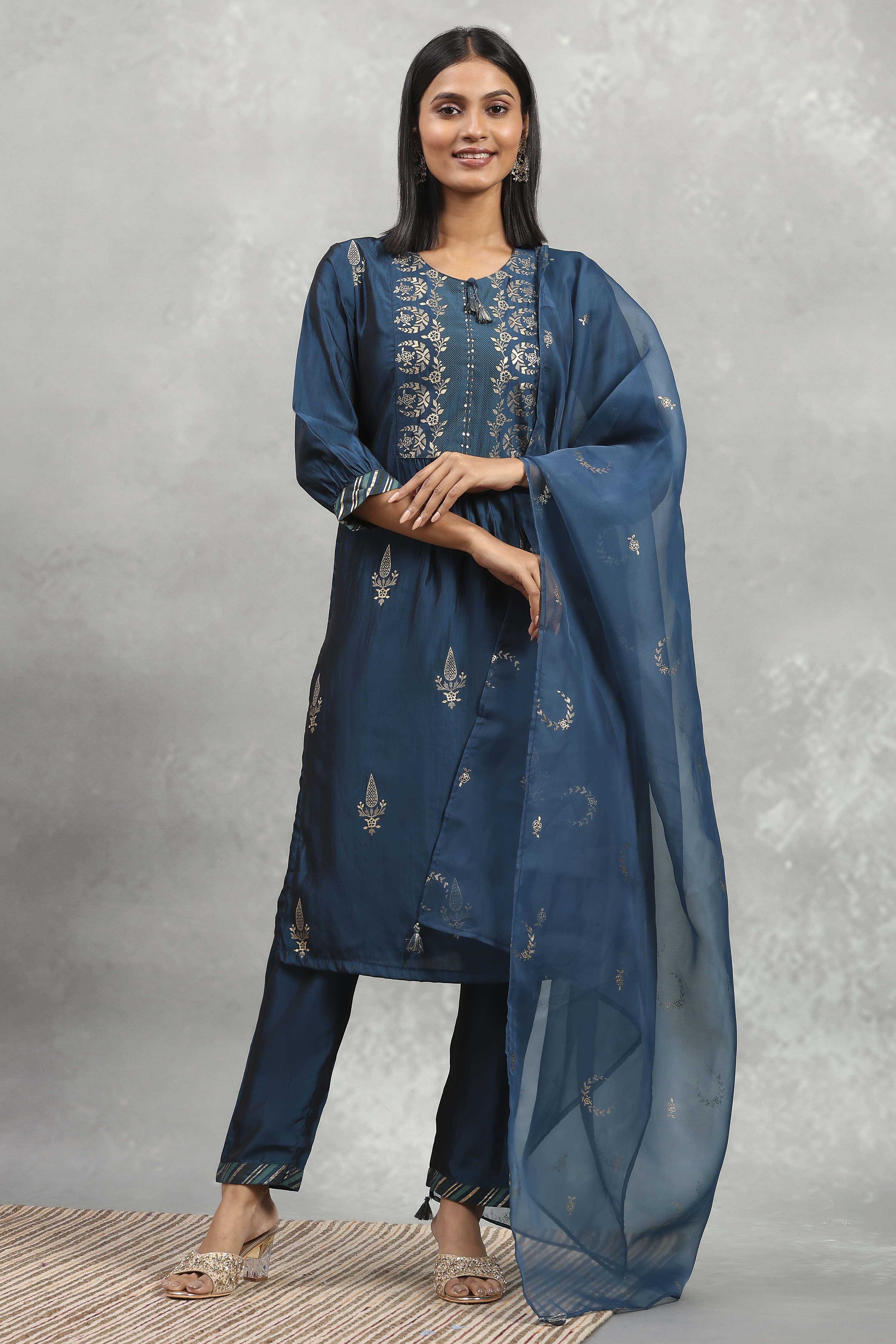 Blue Polyester Blend Printed Gathered Suit Set image number 6