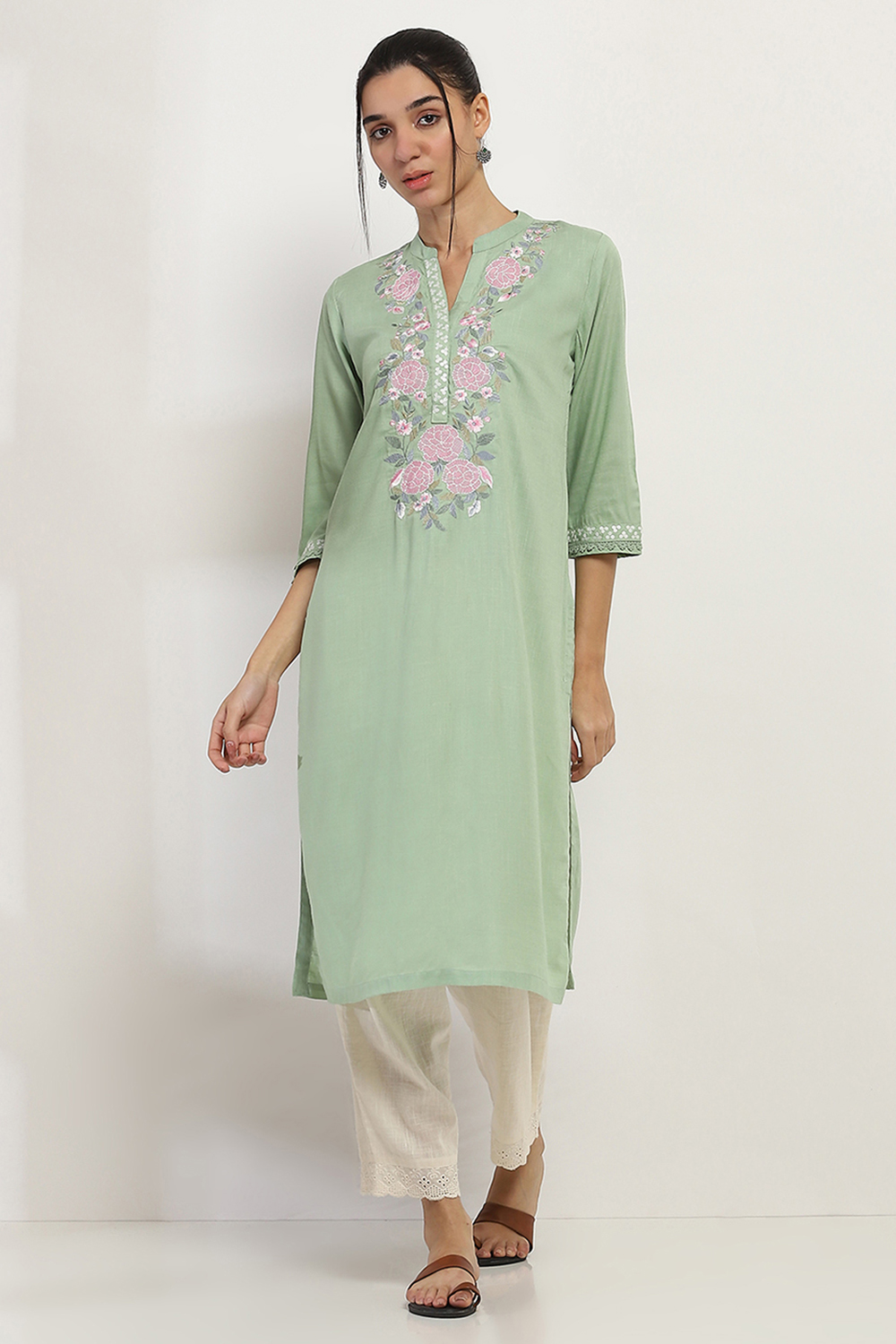 Sage Green Floral Straight Kurta image number 5