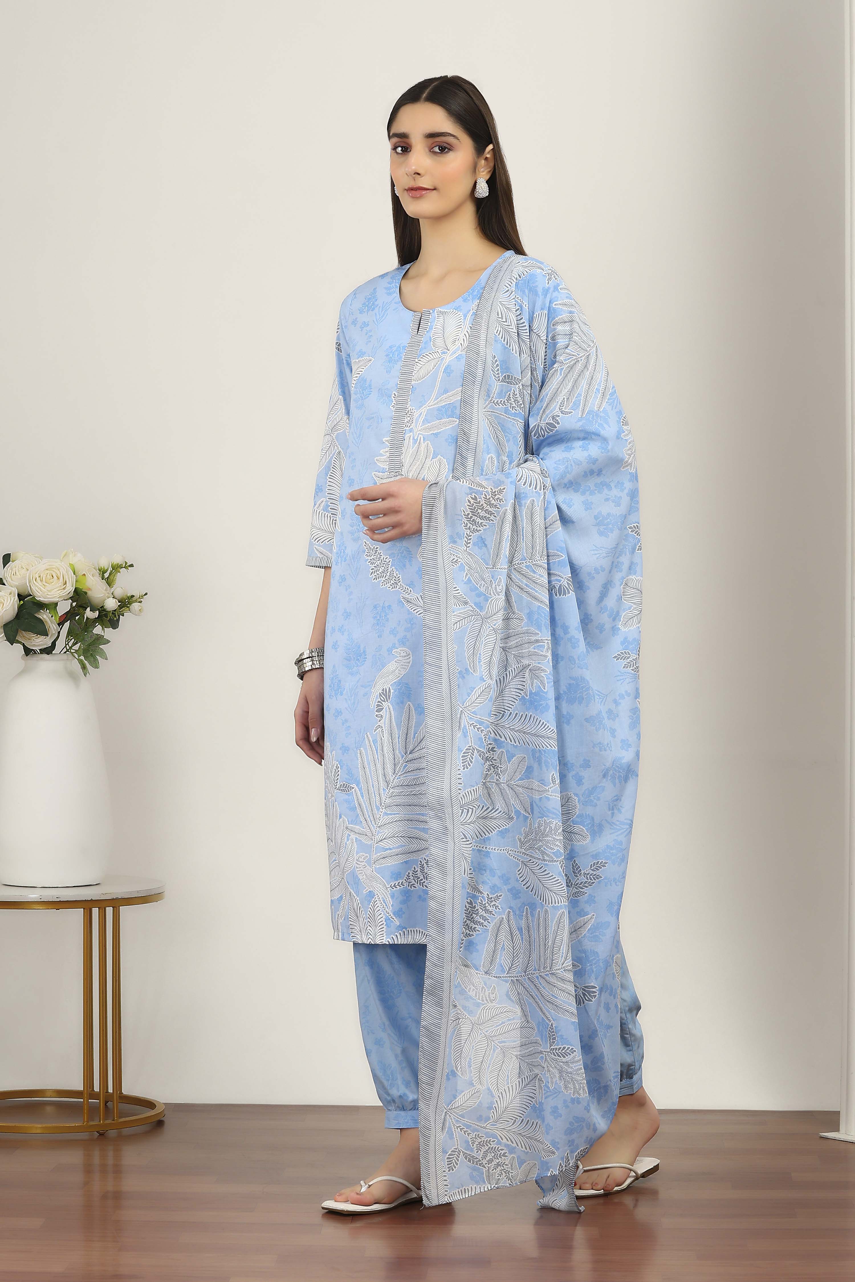 Blue Cotton Straight Suit Sets image number 3