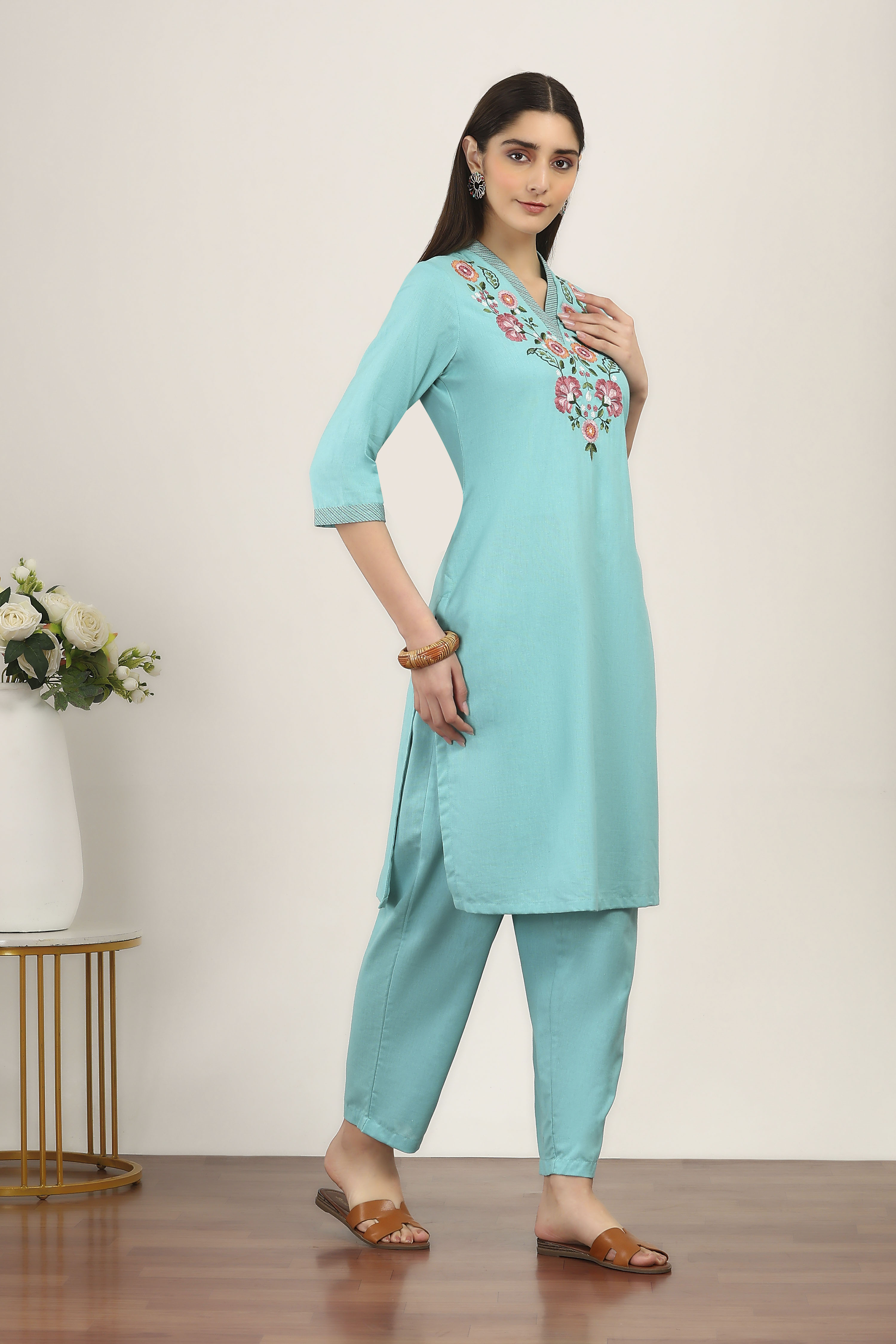 Green Cotton Blend Cotton Flex Kurta Pants Set image number 5