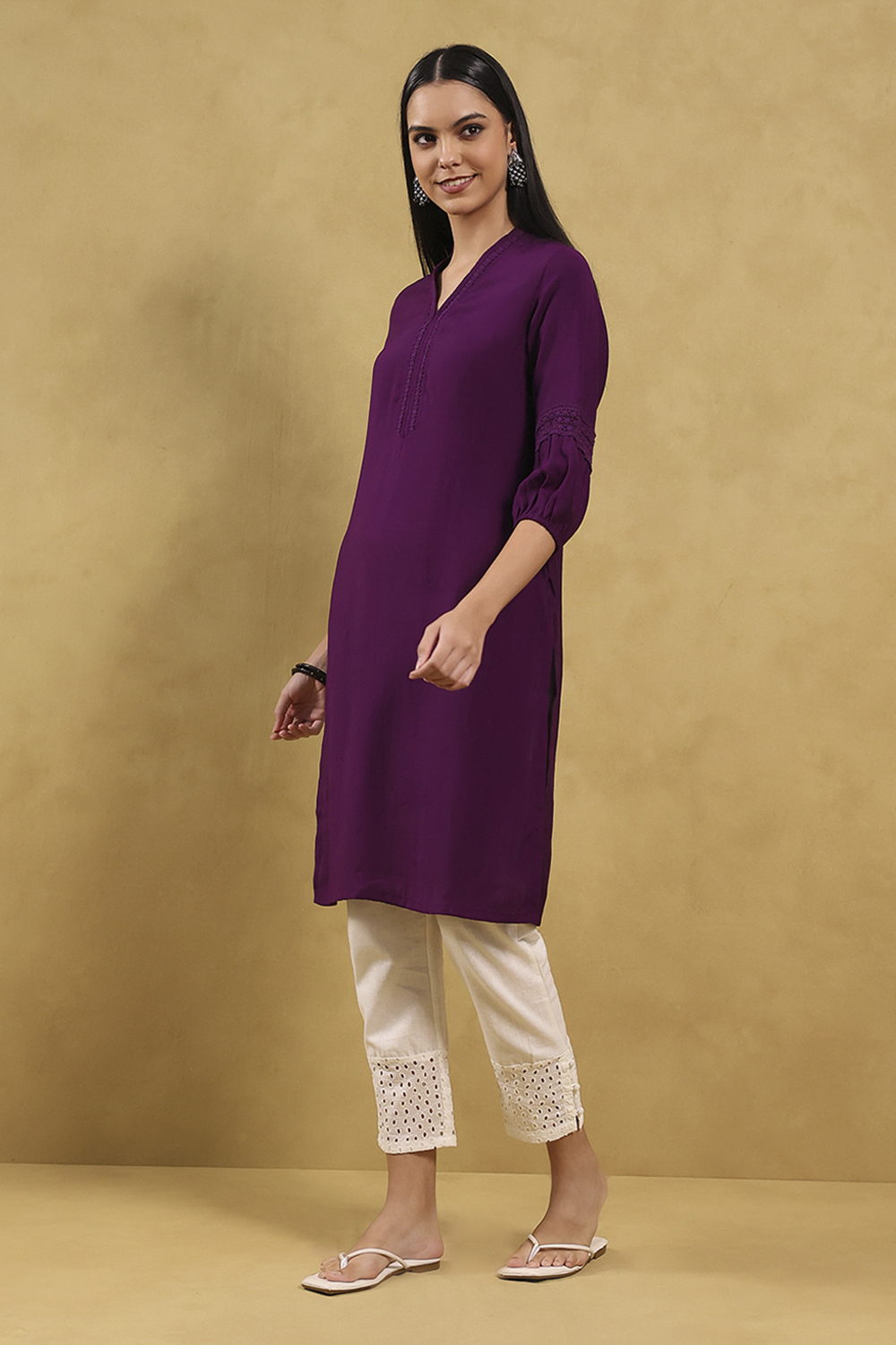 Purple Viscose Blend Solid Straight Kurta image number 5