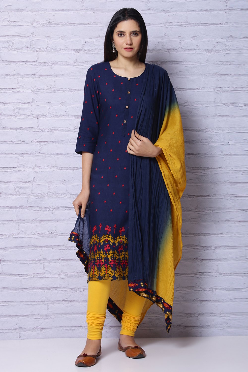 Indigo And Mustard Cotton Dupatta image number 0