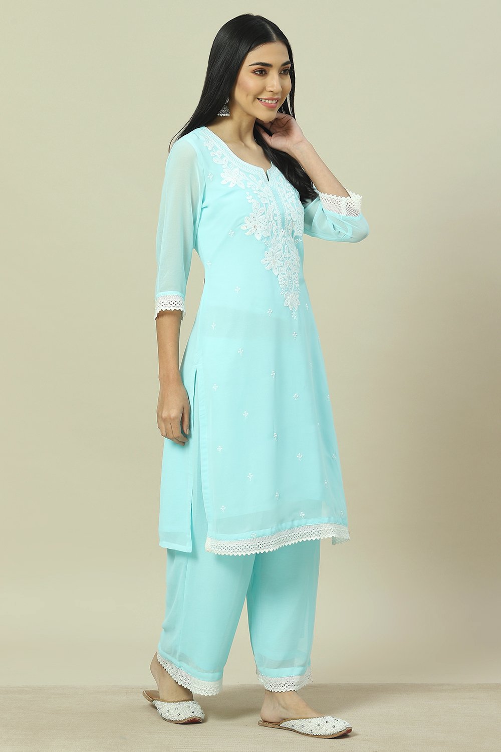 Sky Blue Cotton Blend Straight Kurta image number 3