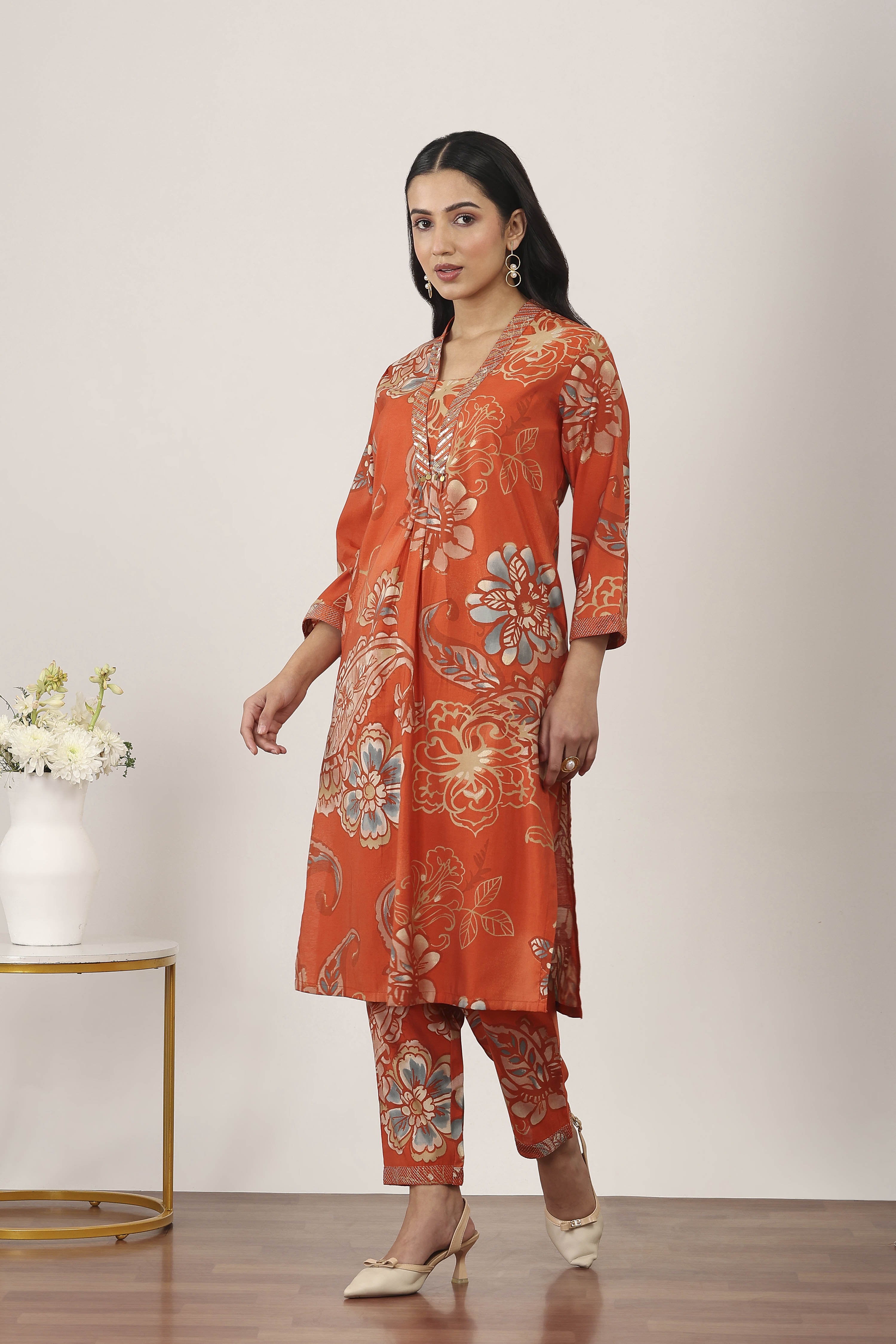 Orange Viscose Polyester Viscose Rayon Kurta Pants Set image number 3