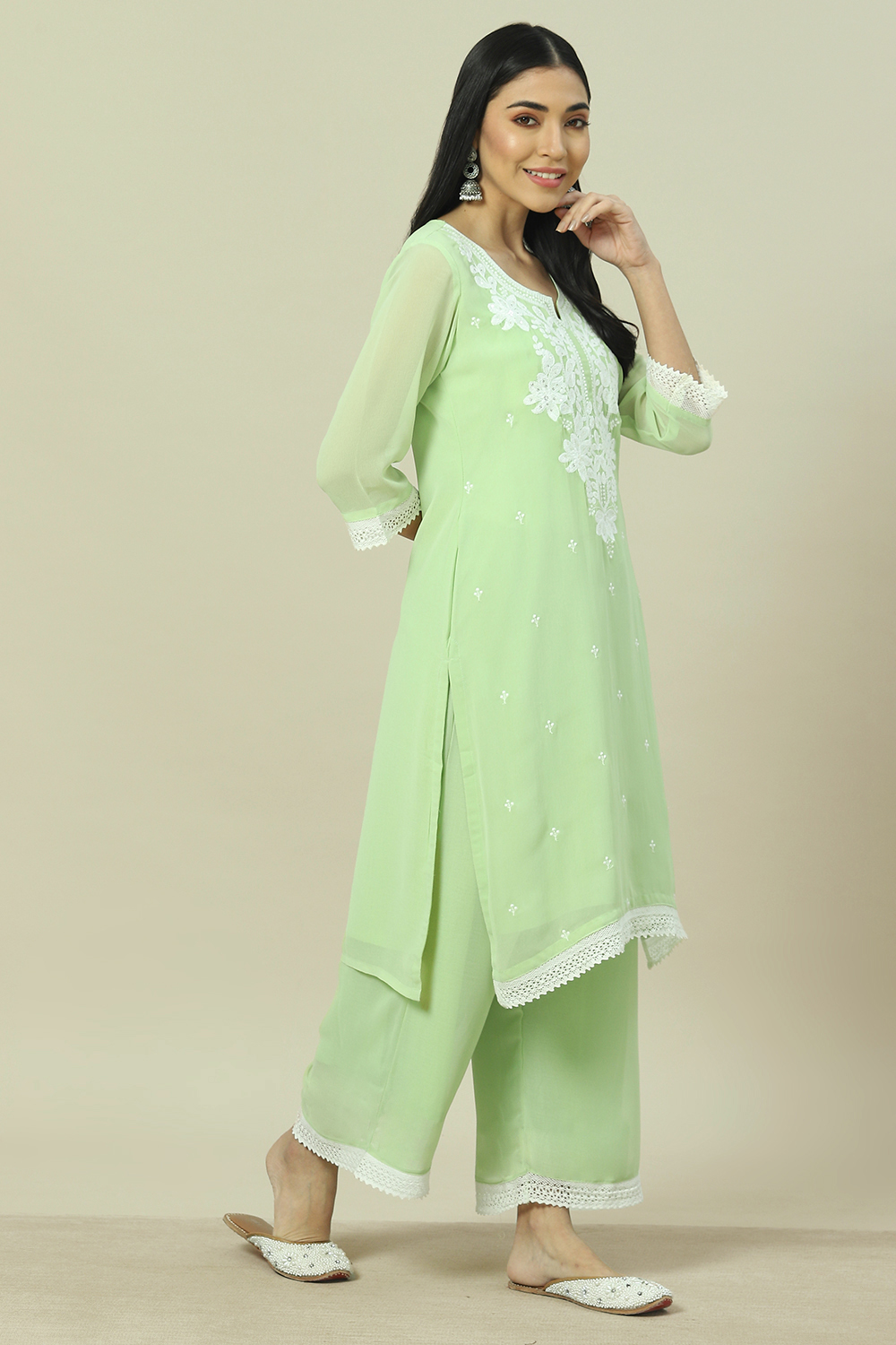 Sky Blue Cotton Blend Straight Kurta image number 3