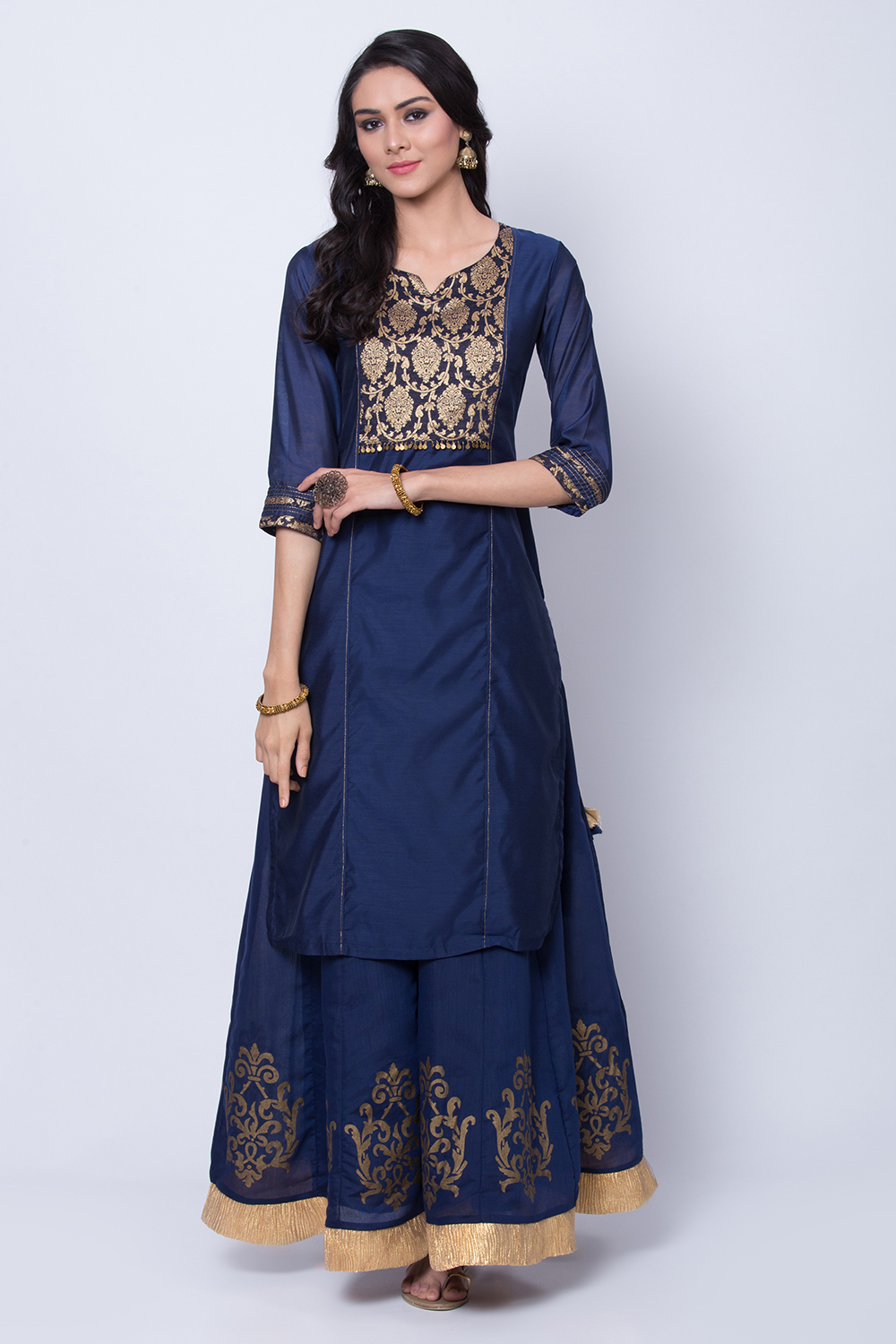 Navy Blue Poly Chanderi Straight Suit Set image number 2
