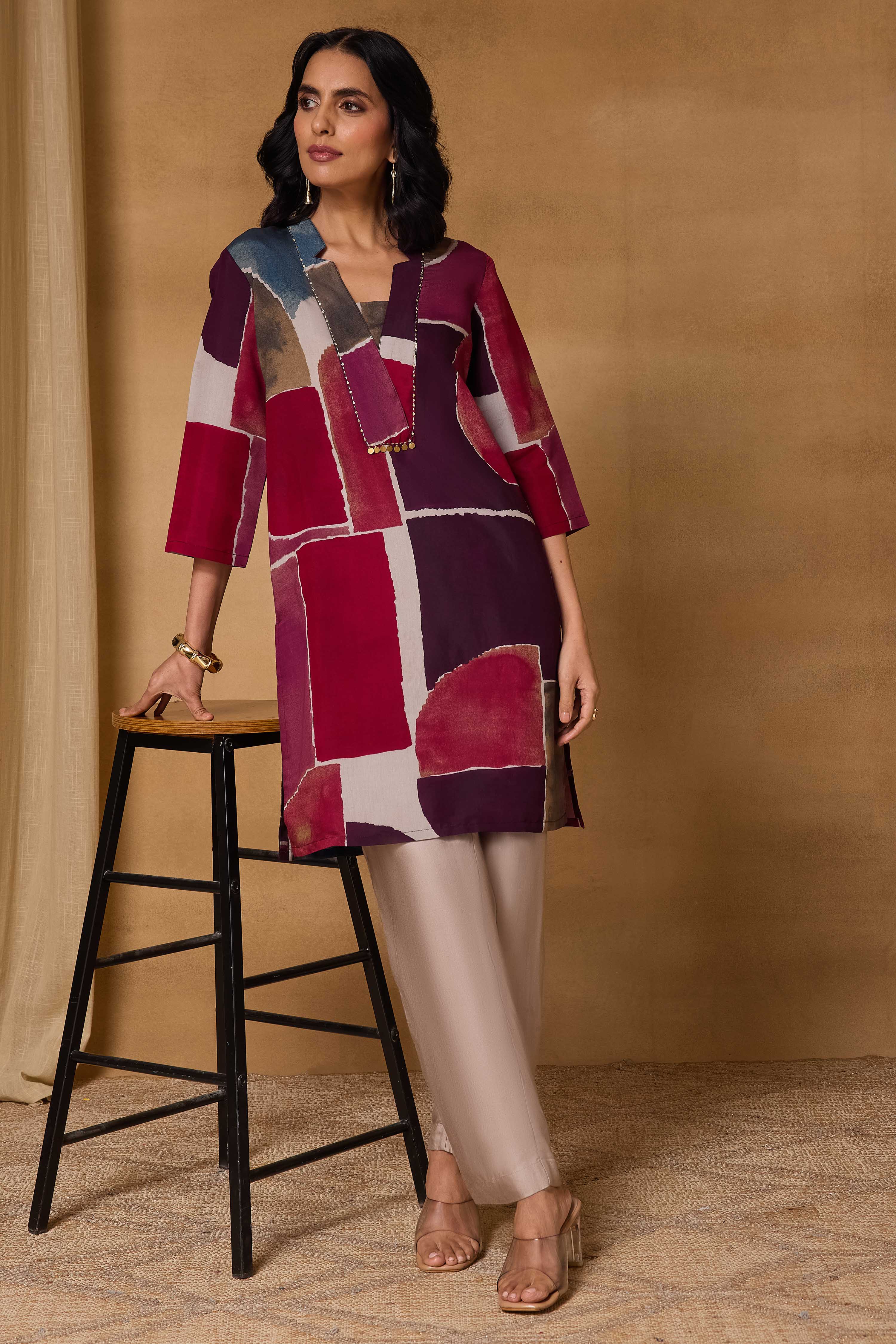 Maroon Cotton Polyester Straight Printed Kurta image number 0