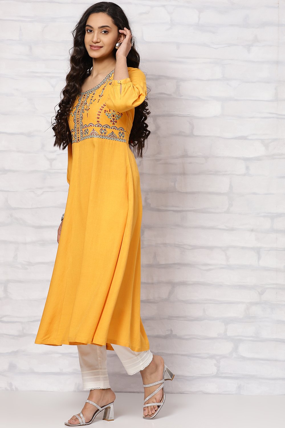 Mustard LIVA Flared  Kurta Dress image number 2