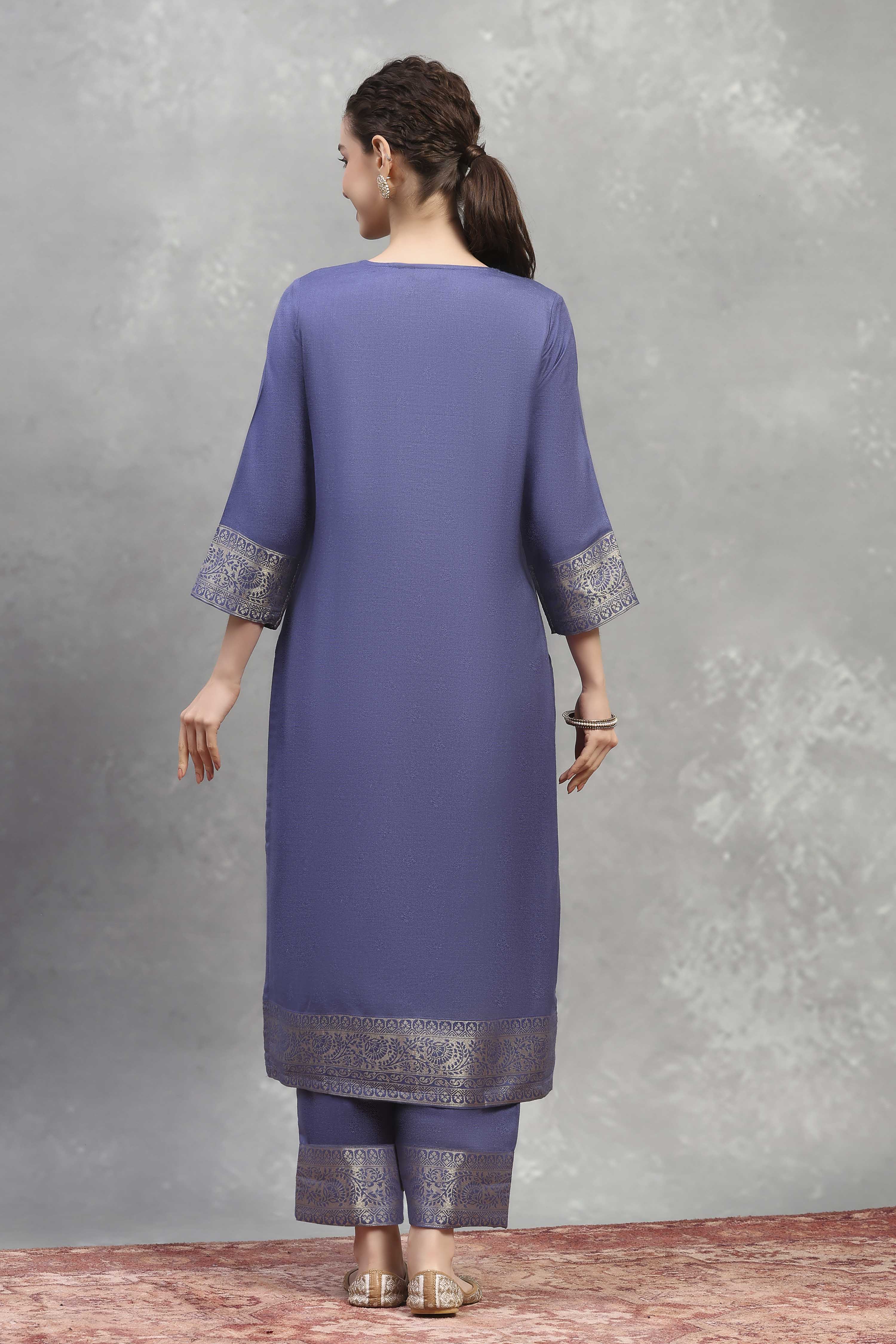 Blue Polyester Yarndyed Straight Suit Set image number 4