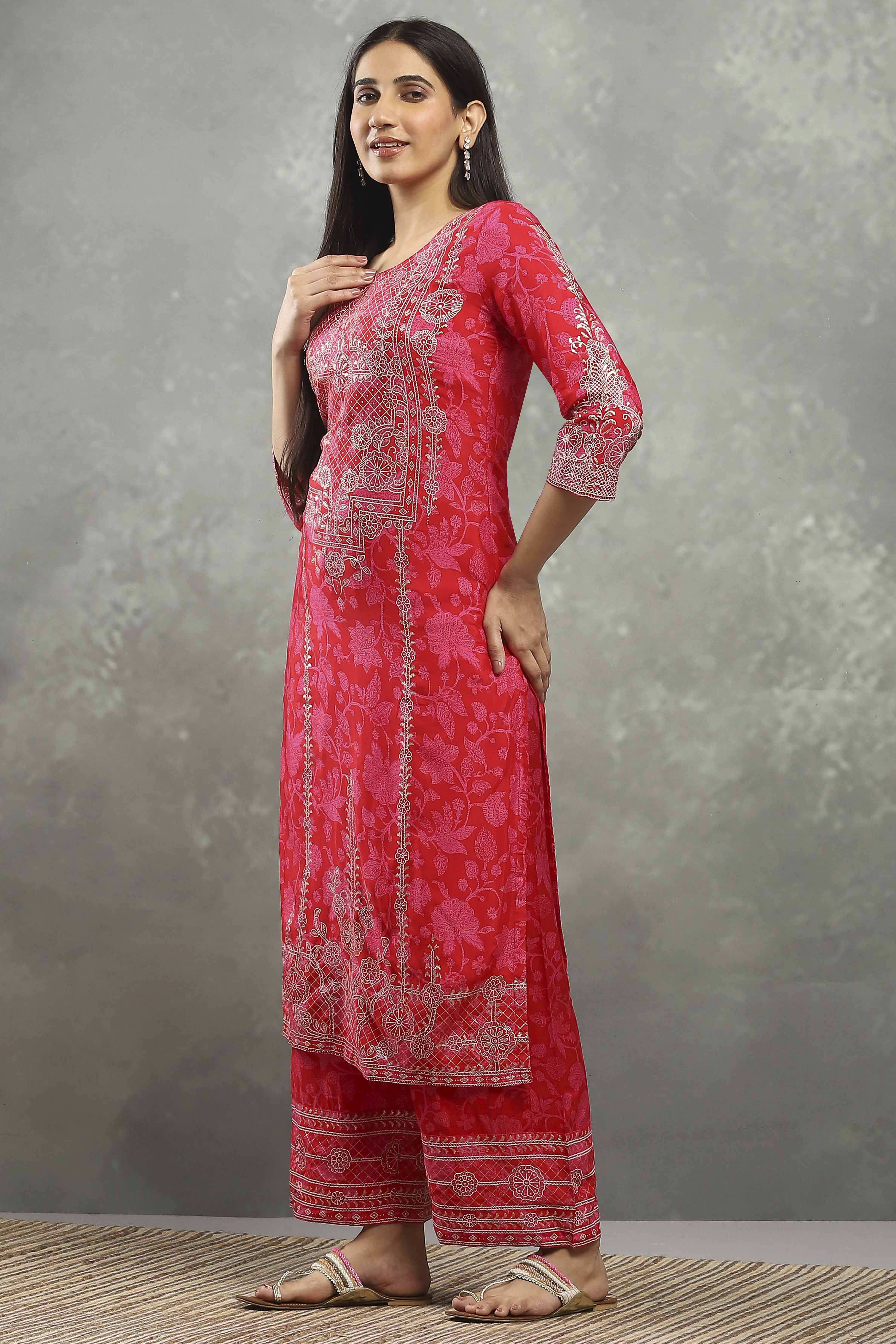 Pink Viscose A-line Kurta Pants Set image number 3