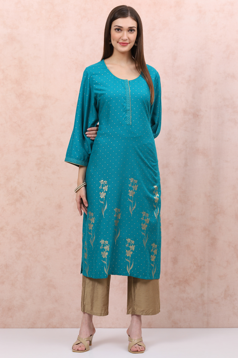 Turquoise LIVA Straight Kurta image number 0