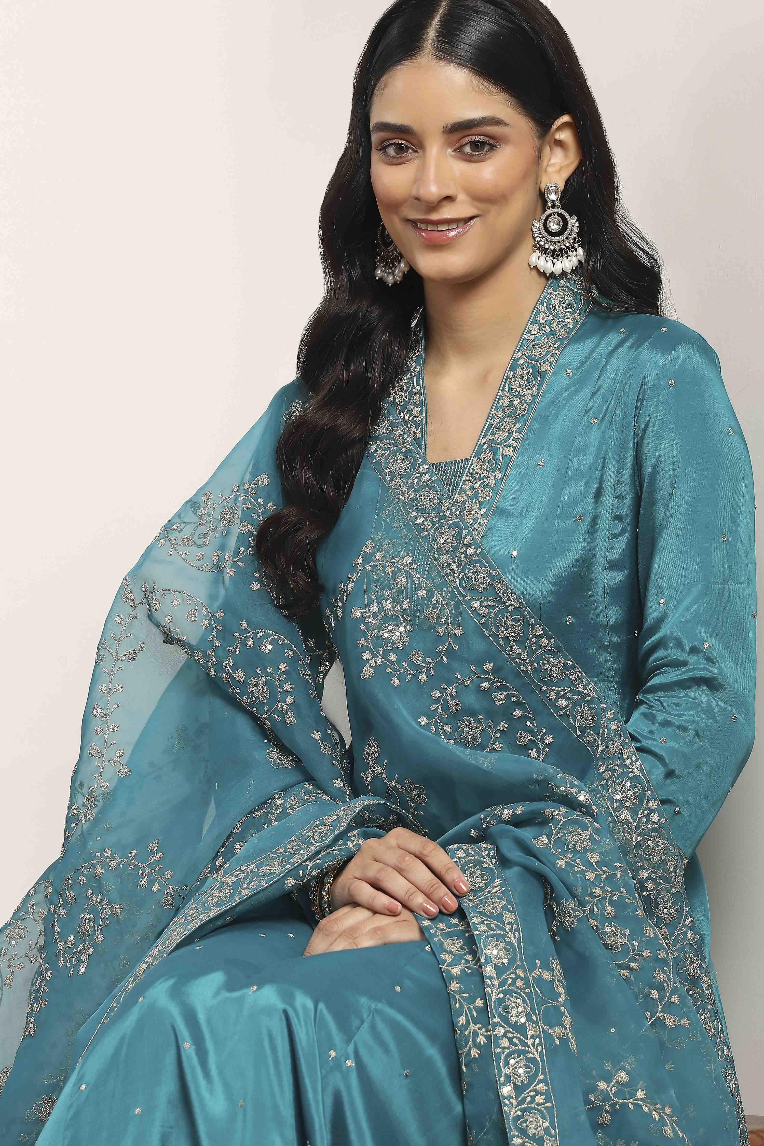 Teal Viscose Rayon Kalidar Suit Set image number 6