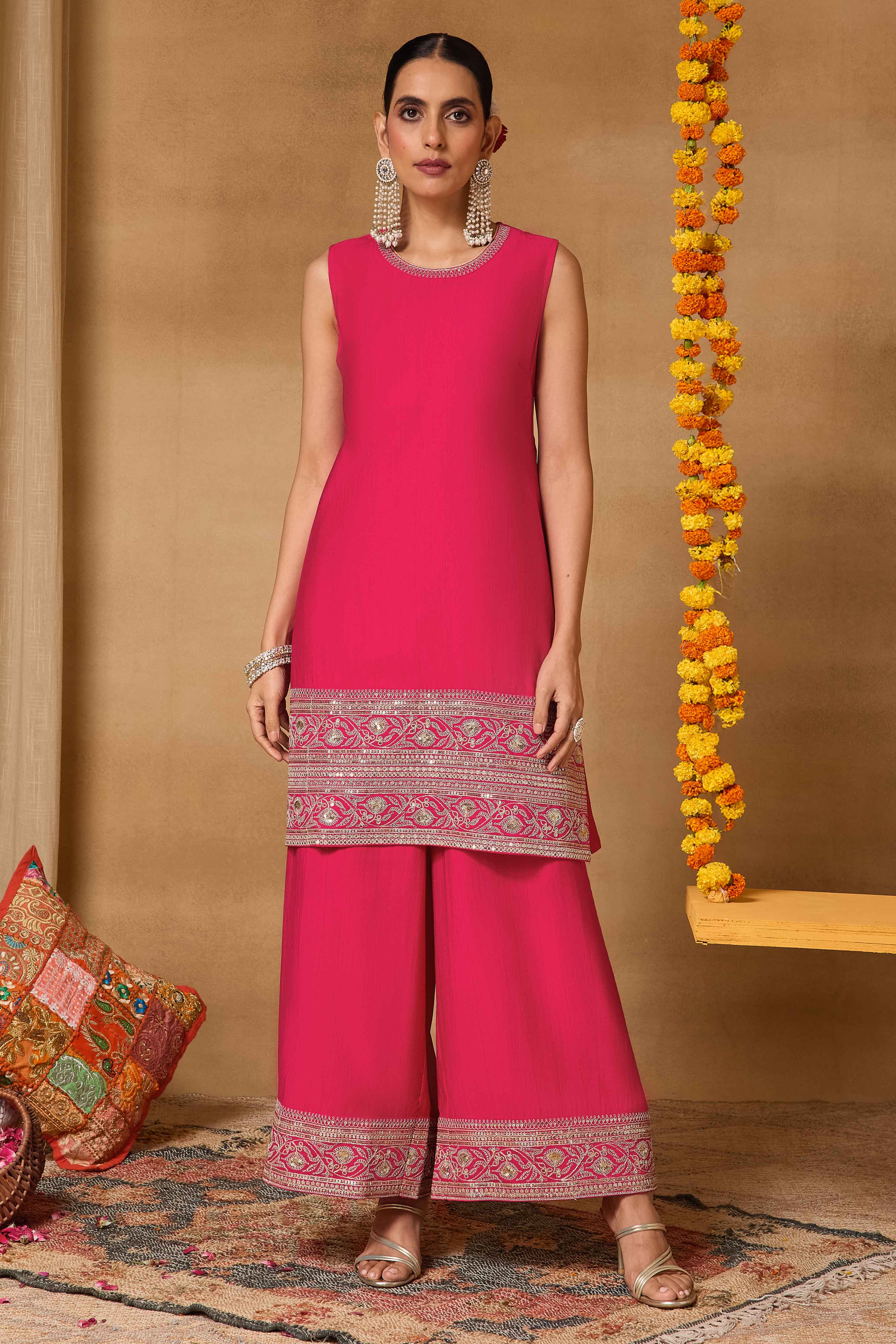 Pink Viscose Blend Straight Solid Suit Set image number 11