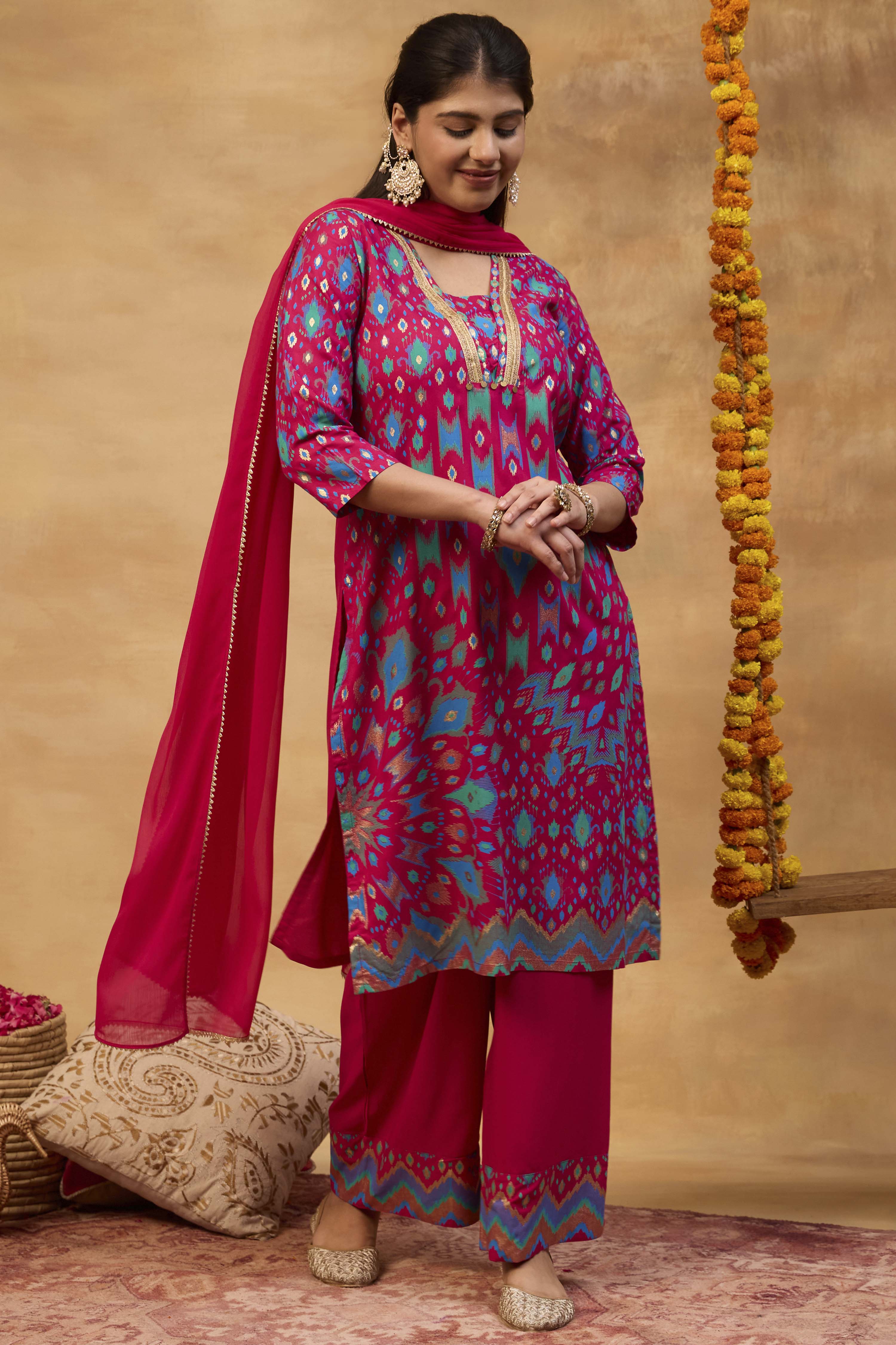 Fuschia Viscose Rayon Straight Printed  image number 0