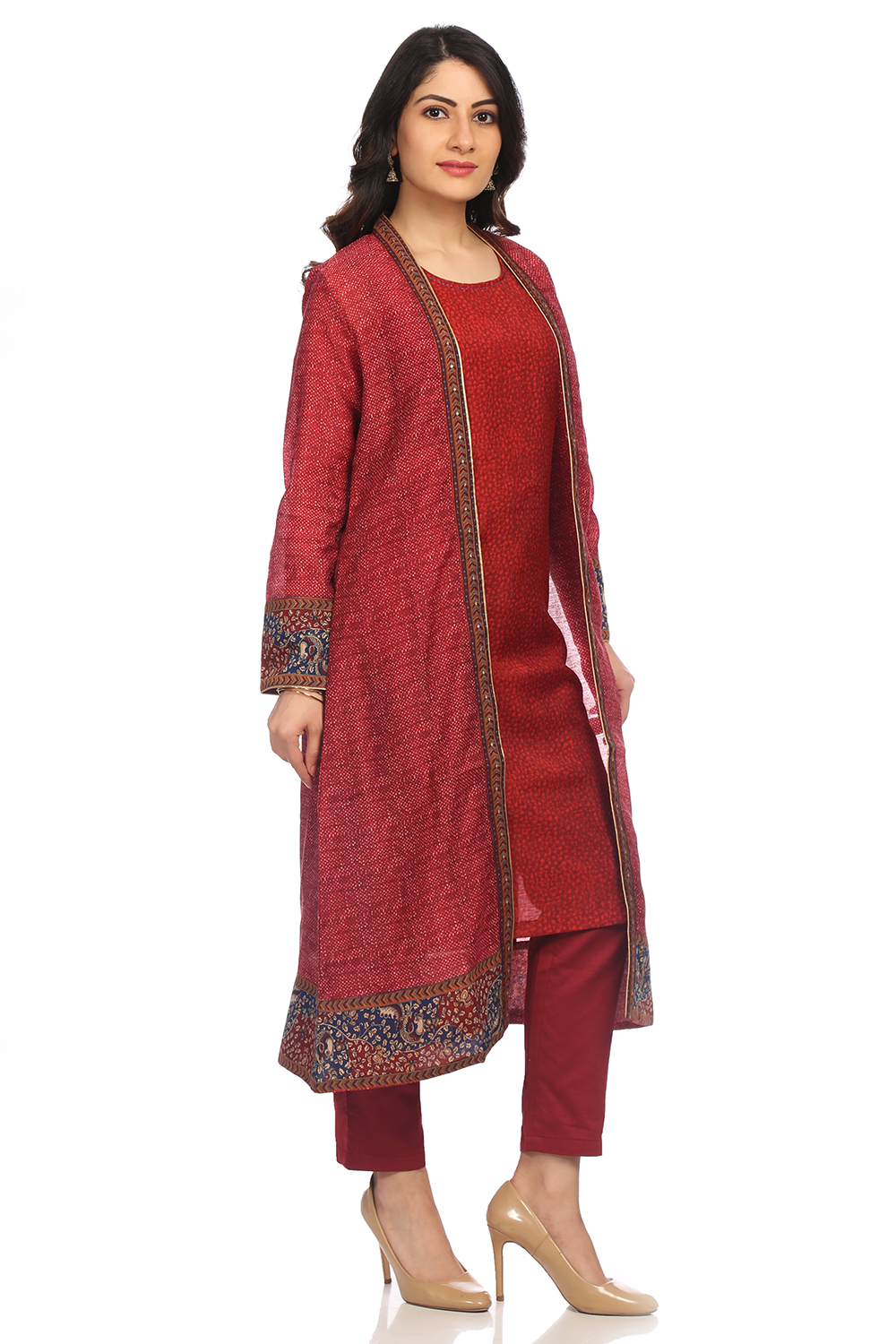 Maroon Front Open Poly Chanderi Suit Set image number 2