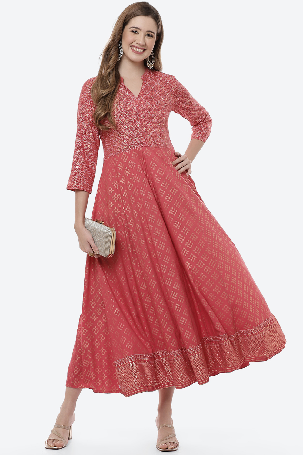 Coral Viscose Rayon Kalidar Dress image number 0