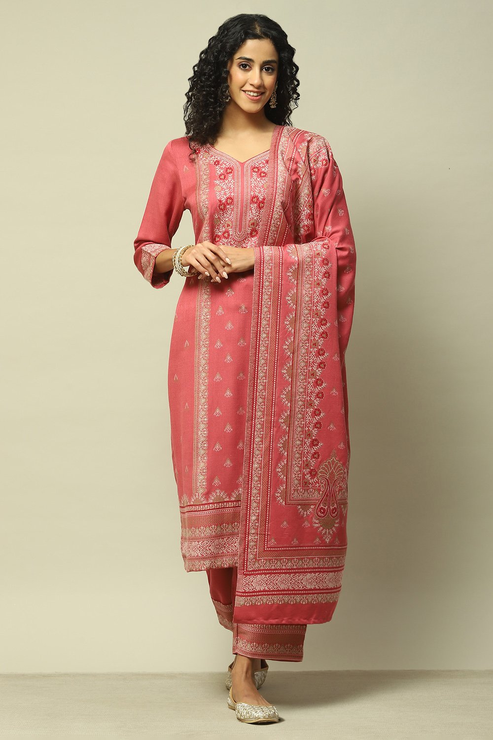 Coral Poly Viscose Straight Yarndyed Kurta Palazzo Suit Set image number 0