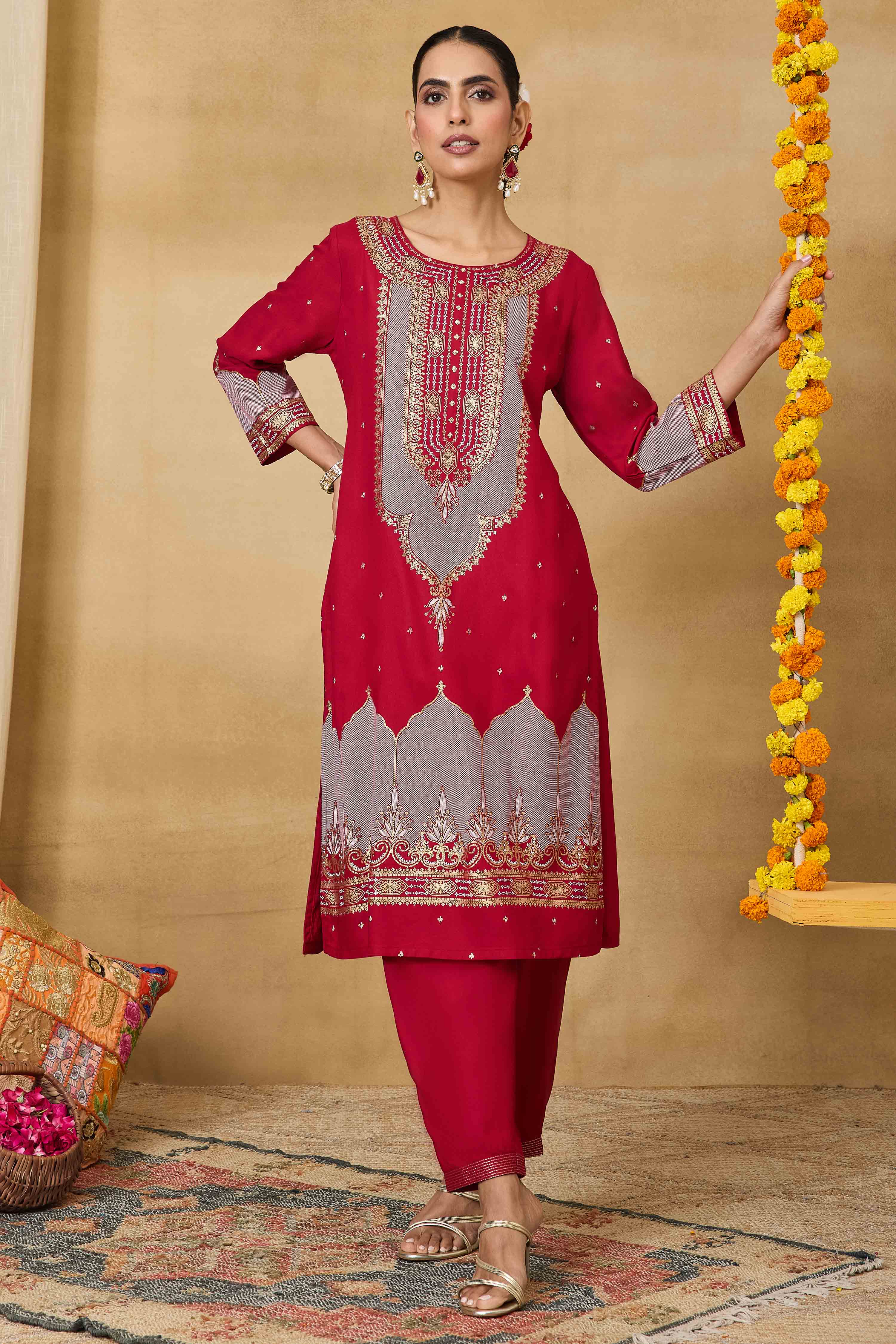 Red Viscose Rayon Straight Printed Kurta Pants Set image number 7