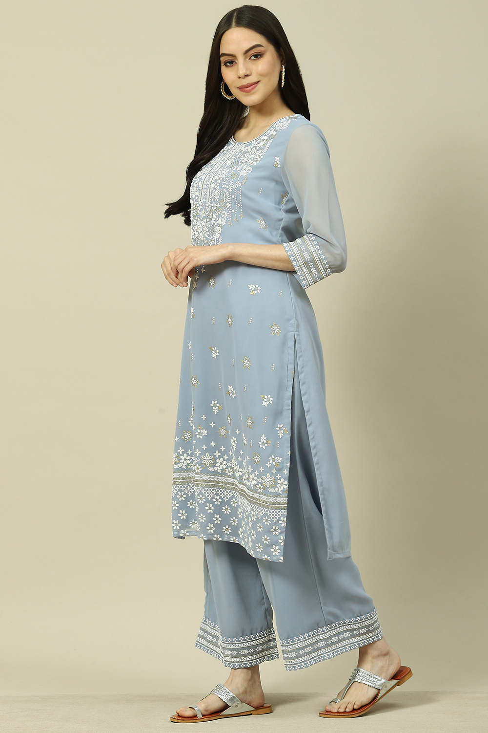 Blue Cotton Blend Straight Kurta image number 2