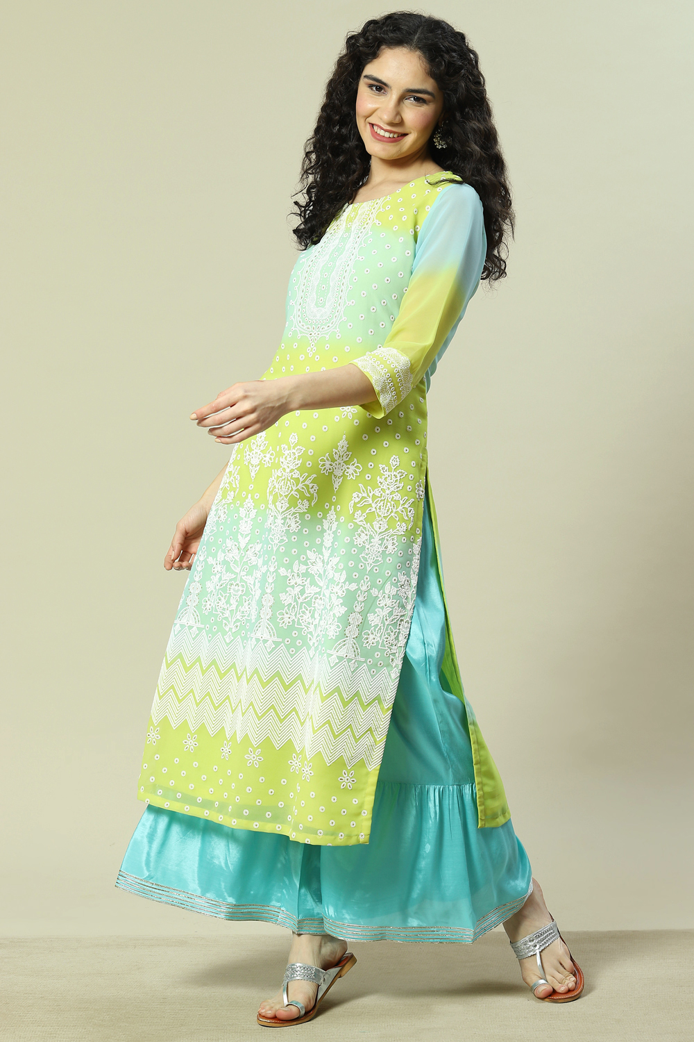 Lime Green Cotton Blend Straight Kurta image number 0