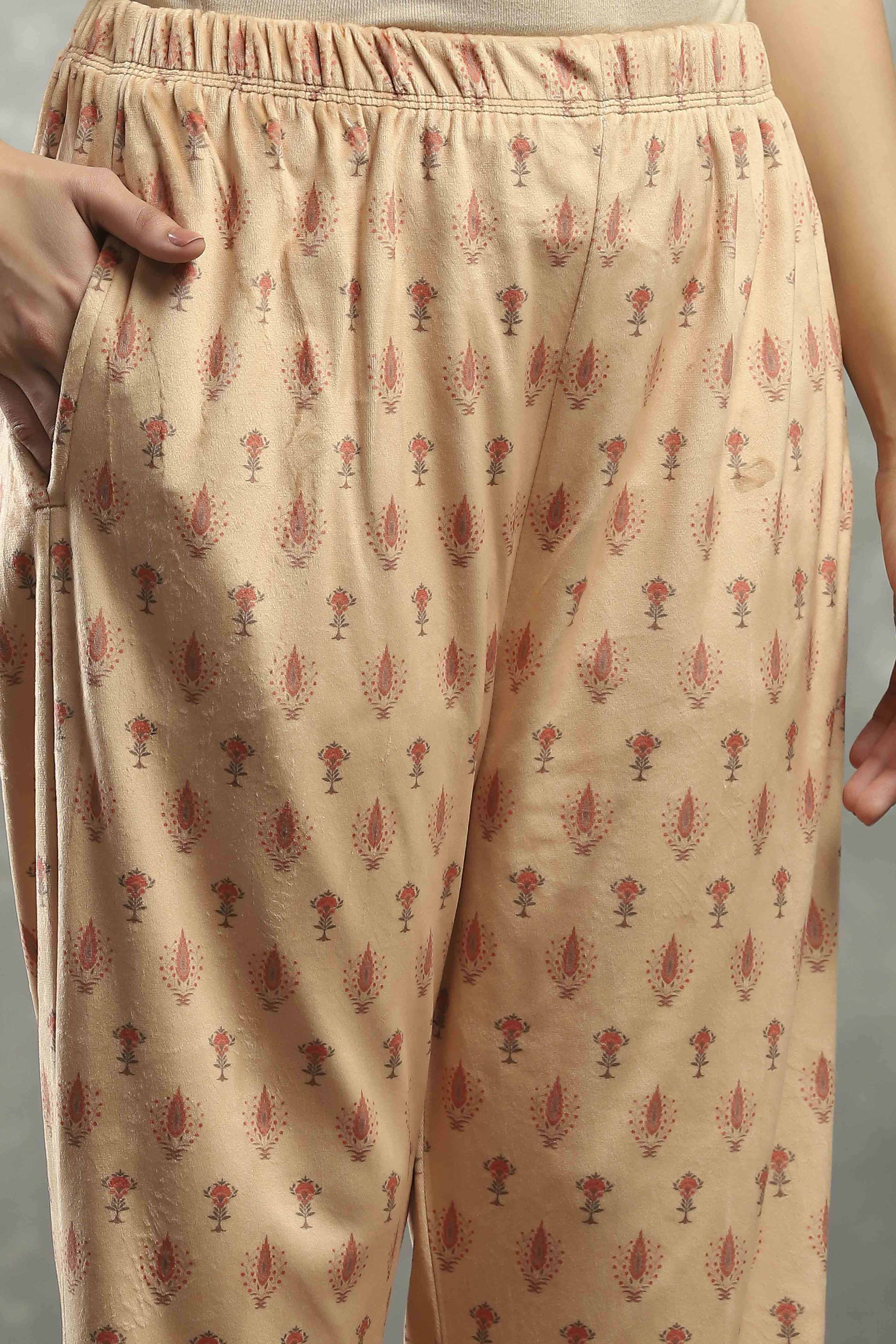 Beige Polyester Printed Straight Suit Set image number 2