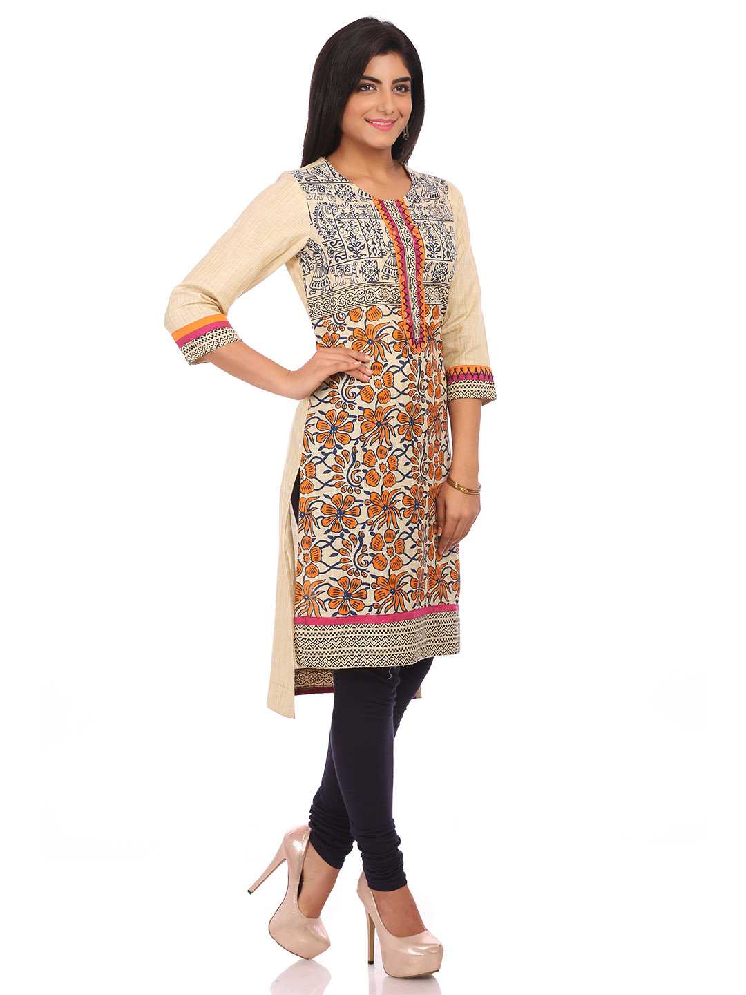 Beige Cotton Asymmetric Kurta image number 2