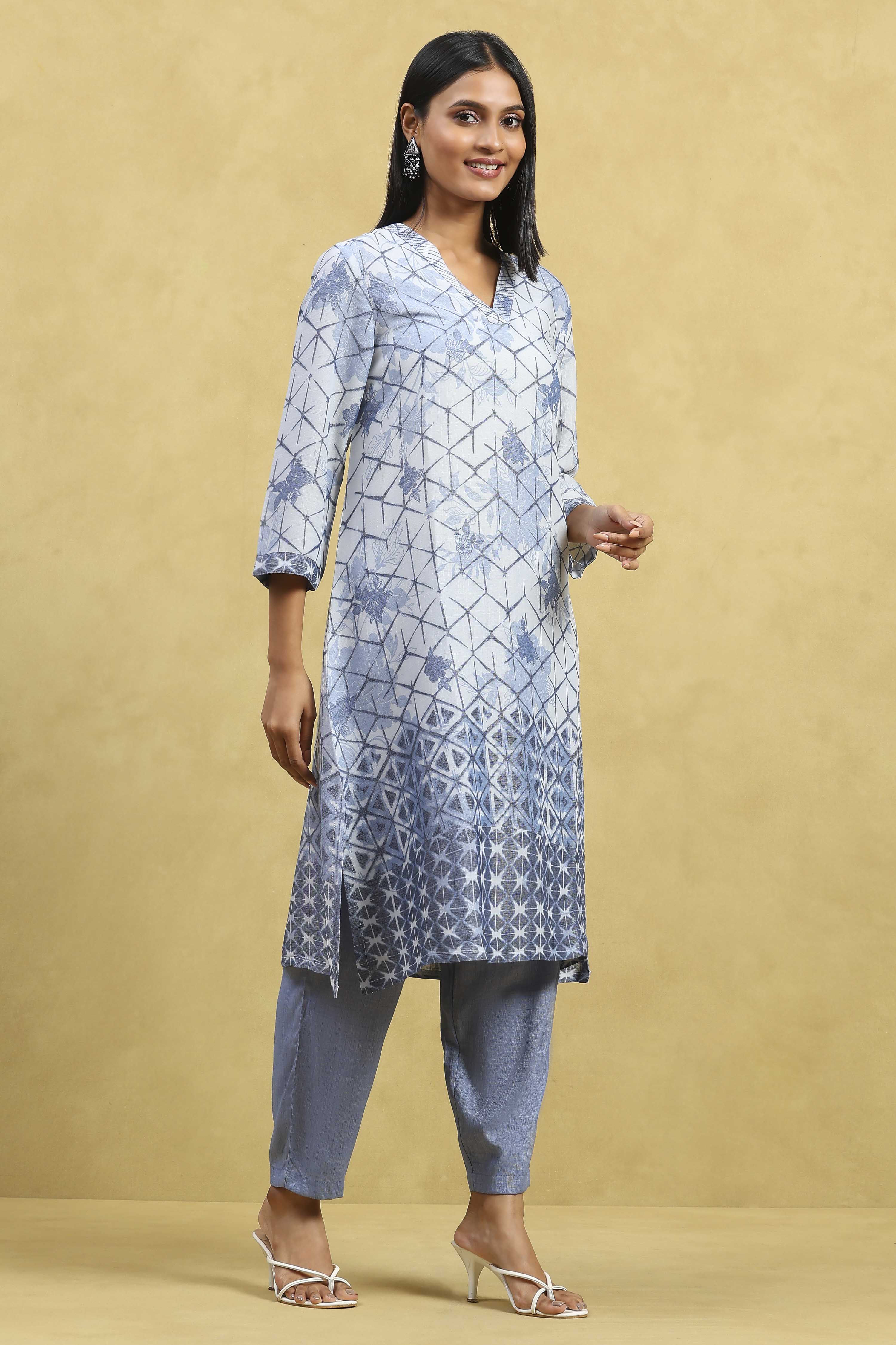 Blue Viscose Blend Printed A-Line Kurta Pants Set image number 5