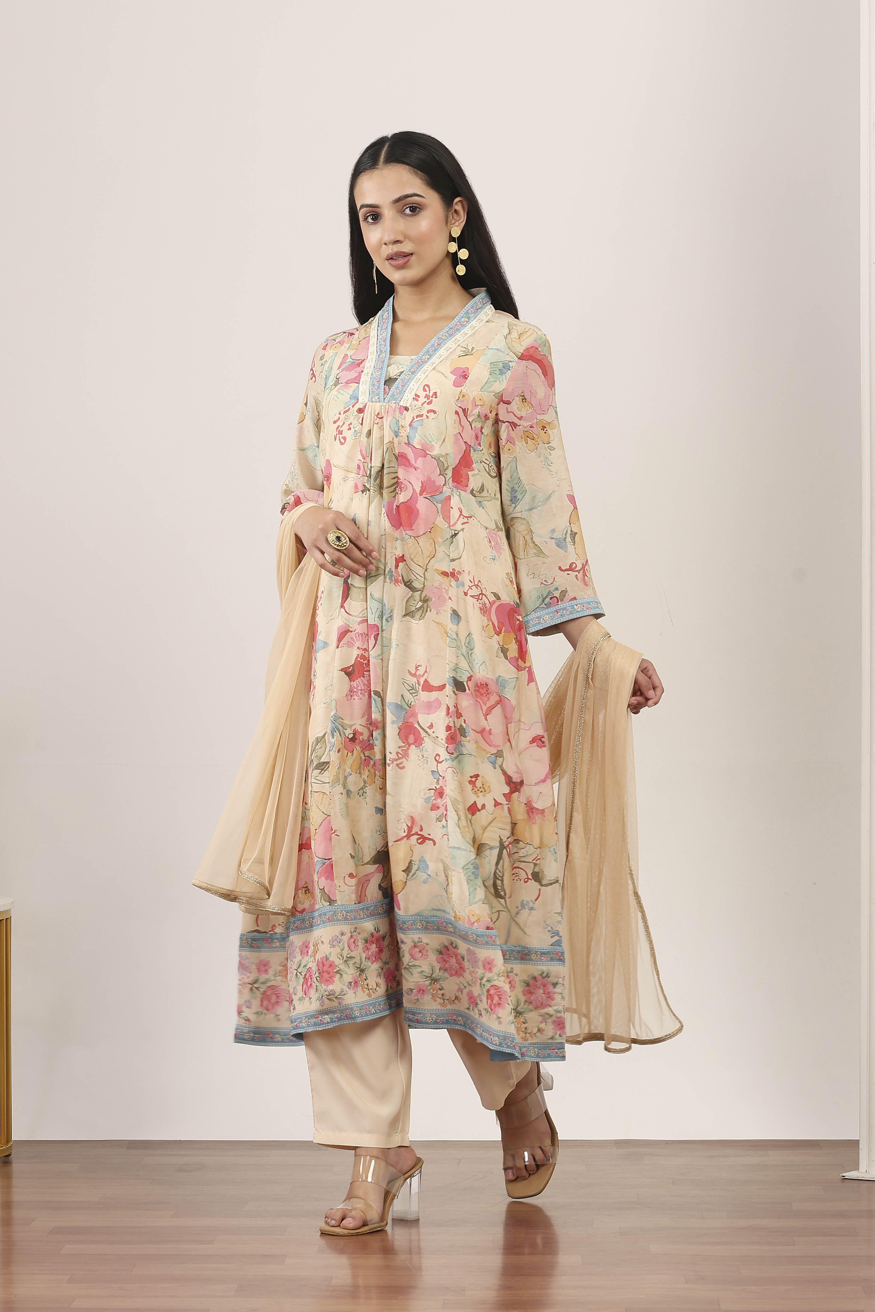 White Viscose Polyester Kalidar Suit Sets image number 3