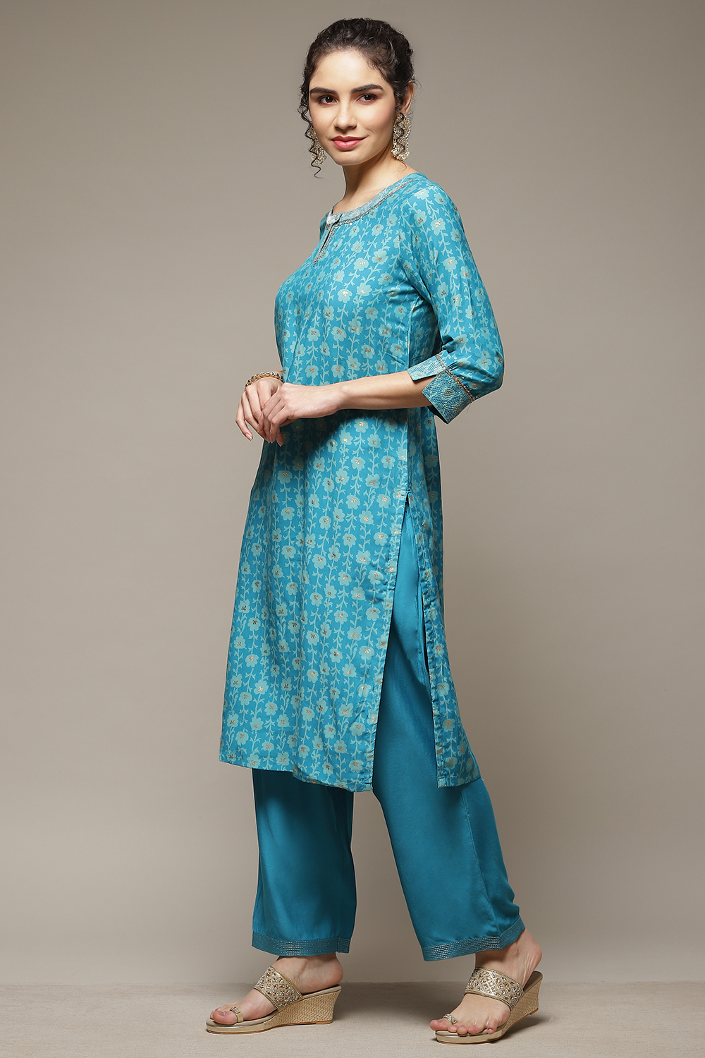 Blue Art Silk Straight Suit Set image number 3