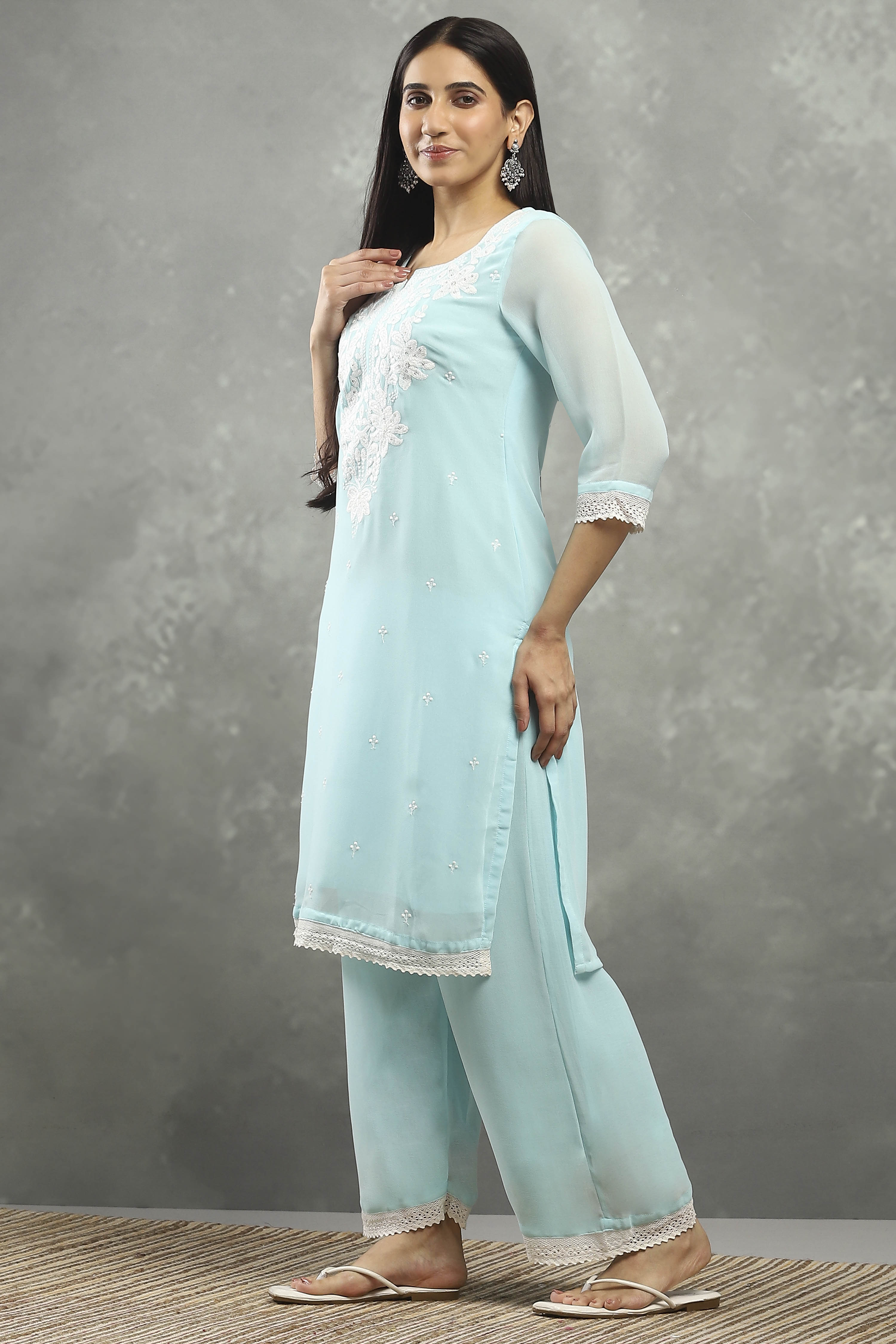 Sky Blue Polyester Straight Kurta Pants Set image number 3