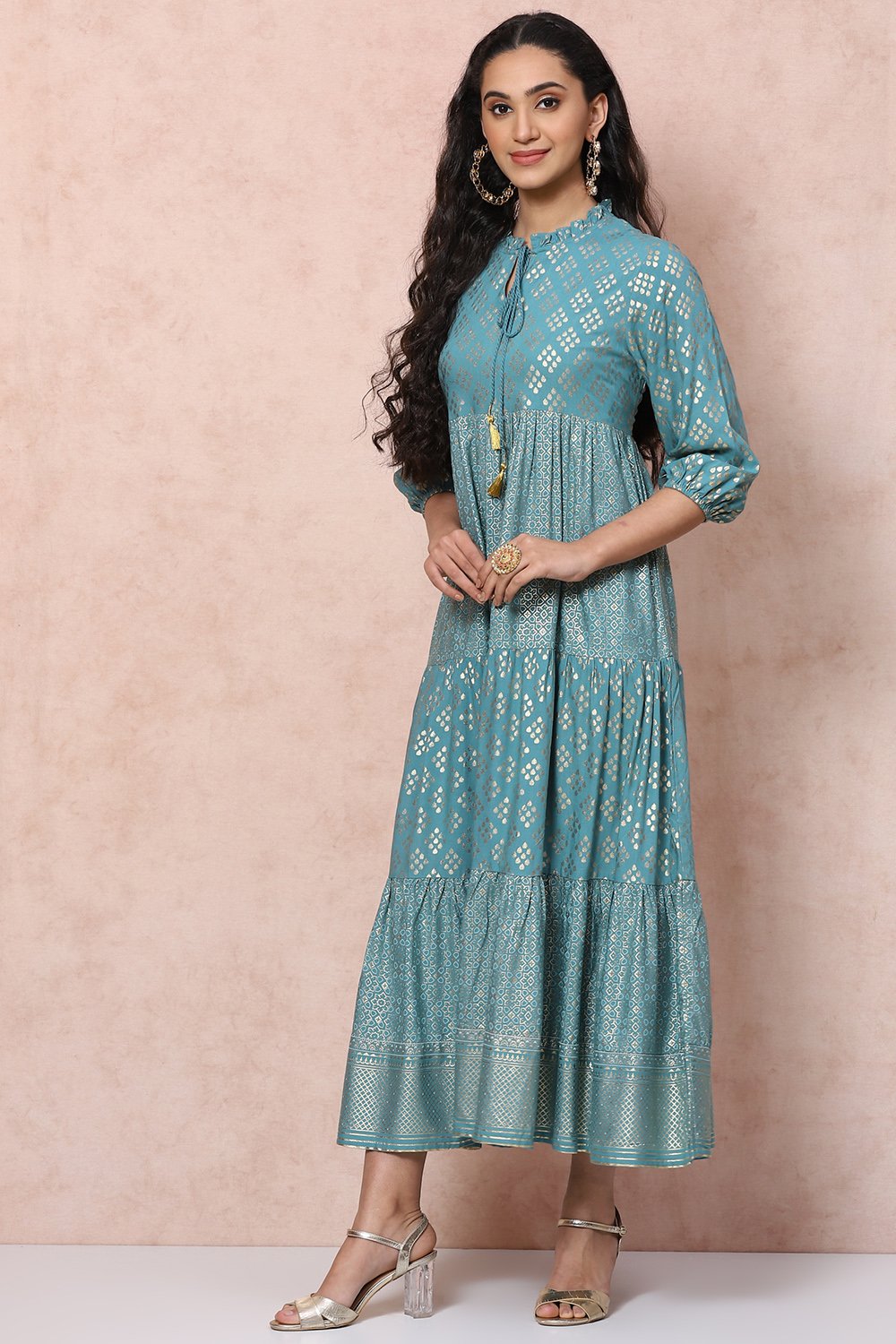 Green Viscose Rayon Tiered Dress image number 2