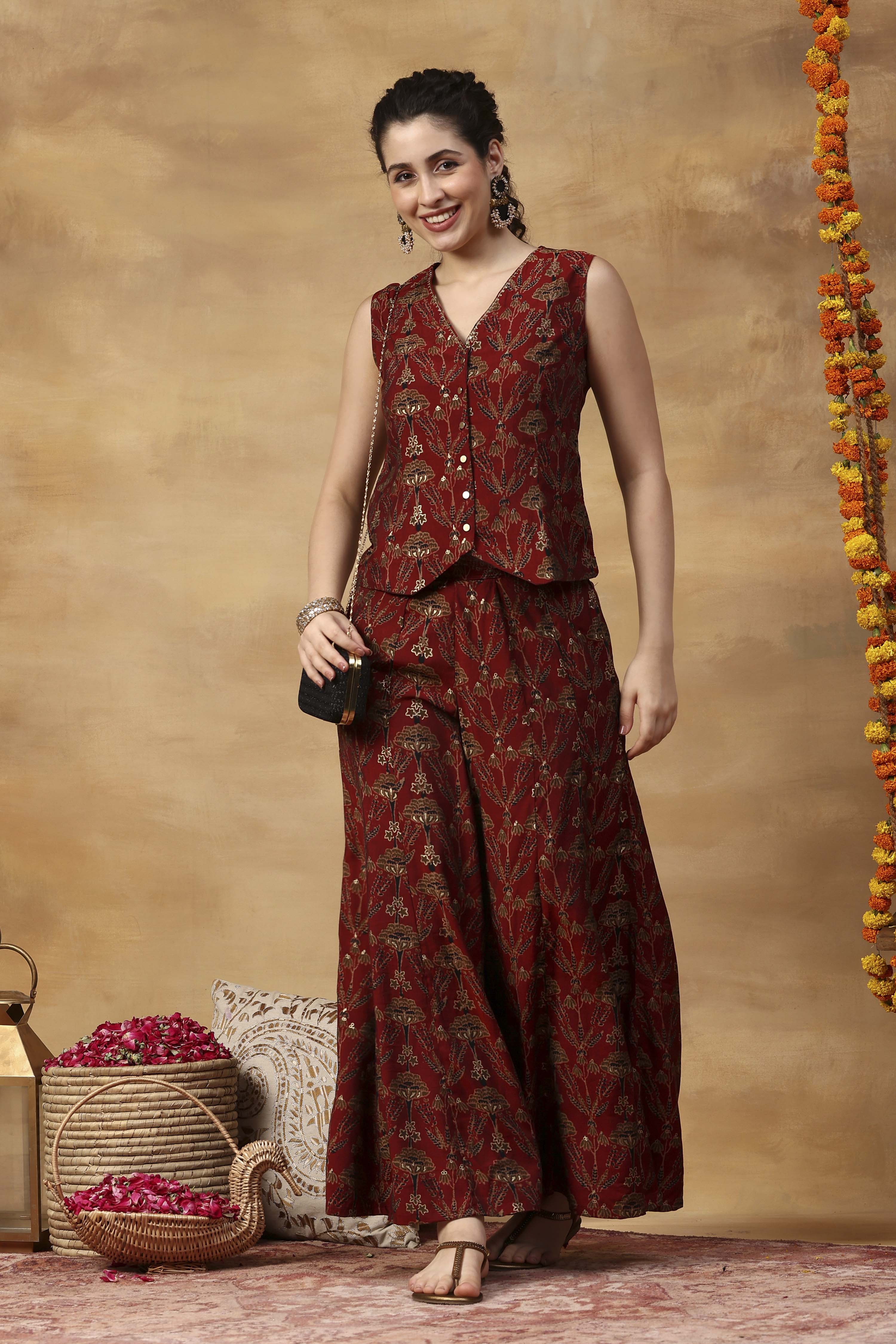 Red Viscose Blend Regular Printed Top Palazzo Set image number 0