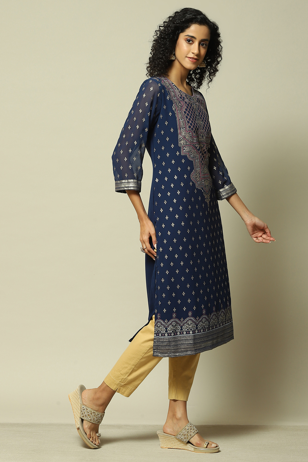 Navy Blue Polyester Straight Printed Kurta image number 4