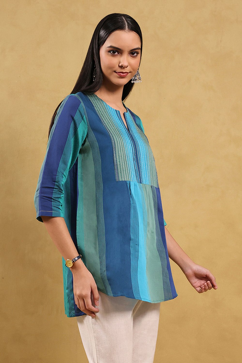 Blue Viscose Blend Solid Tiered Top image number 4
